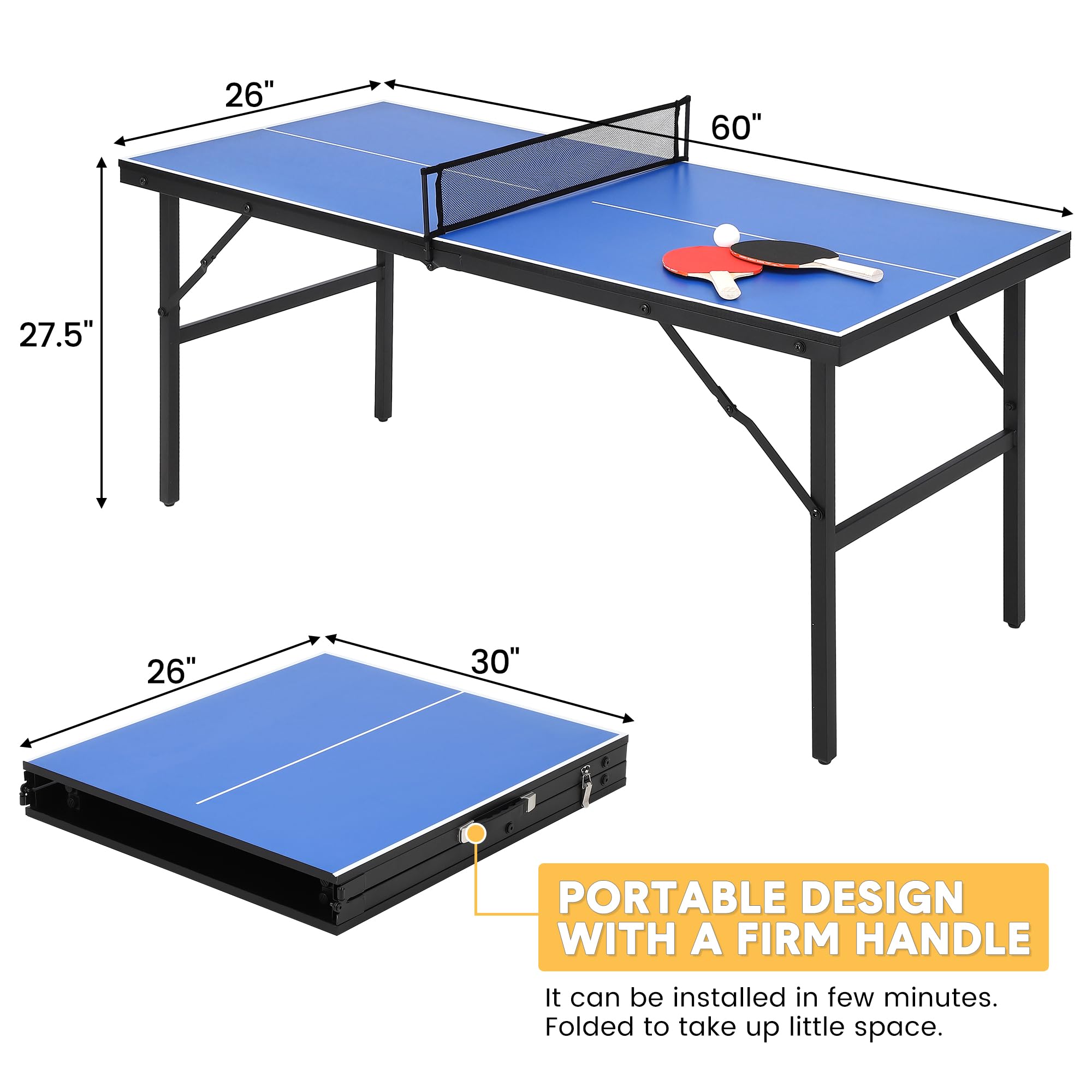 GAOMON Foldable Table Tennis Table - Portable Indoor & Outdoor Ping Pong Table Set with 2 Paddles & 3 Balls - Quick 5-Minute Assembly (60