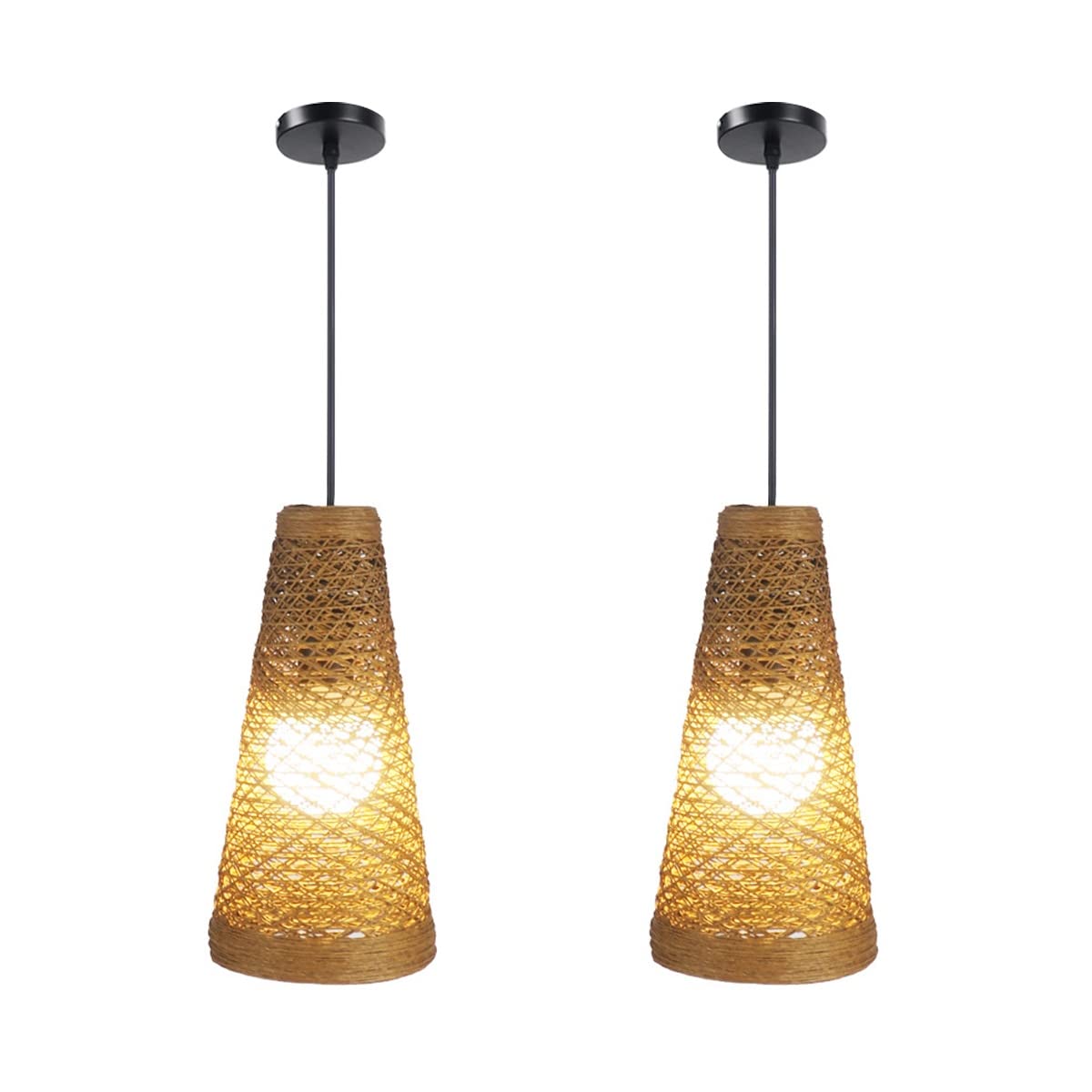 Balacoo 2-Piece Antique Lantern Pendant Lighting Set - Handwoven Rattan Shade with Natural Wooden Frame - Vintage Ceiling Hanging Light Fixture for Dining Room, Living Room, Bedroom & Restaurant Decor
