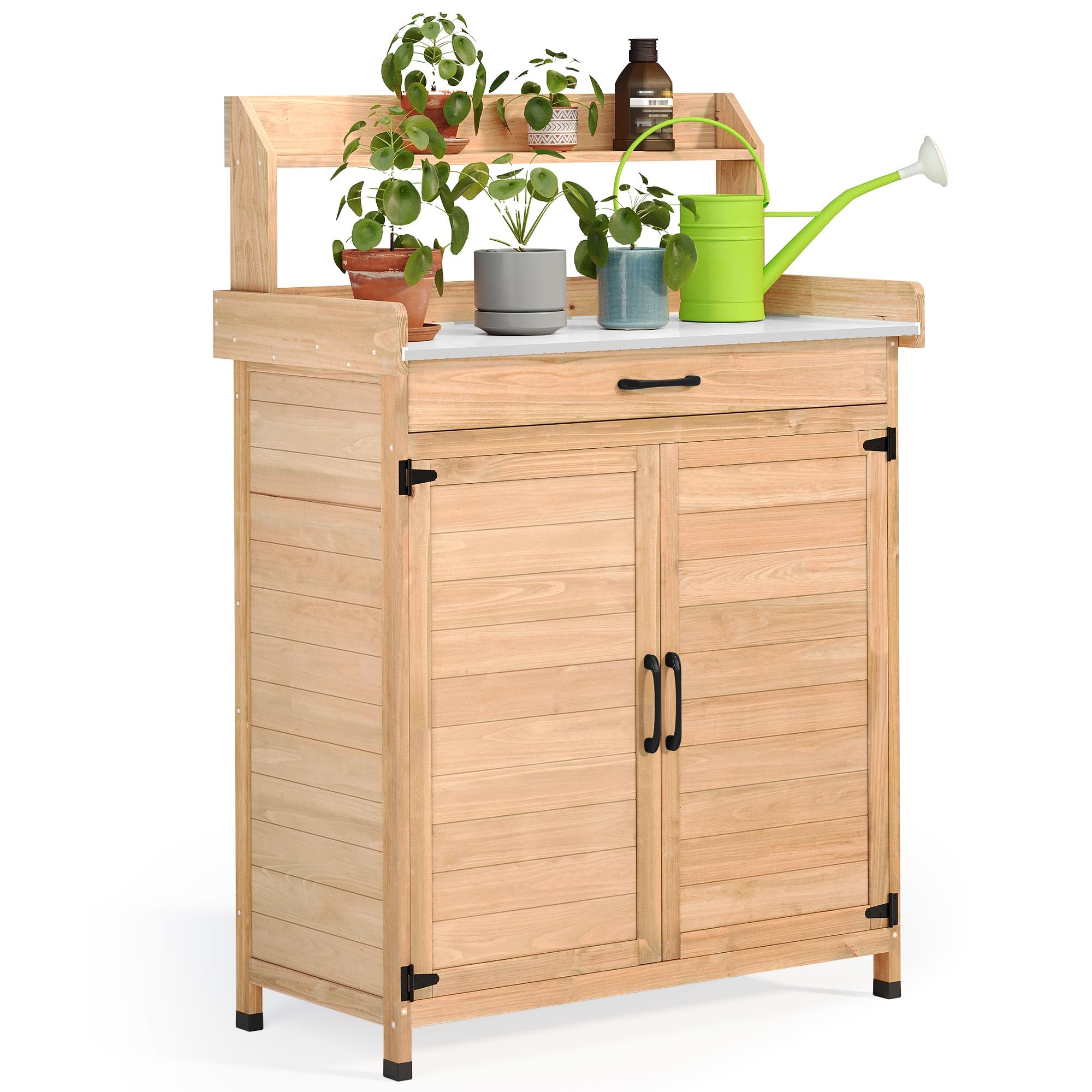 YITAHOME Solid Wood Outdoor Potting Bench with Storage Cabinet & Drawer - Rustic Garden Work Table with Galvanized Metal Top for Planting & Organizing - Perfect for Backyard Gardening, Greenhouse & Outdoor Workspace