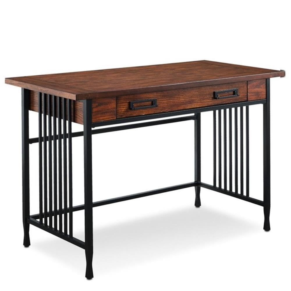 BOWERY HILL Ironcraft Mission Oak Computer Desk - Home Office Workstation for Study, Gaming & Remote Work