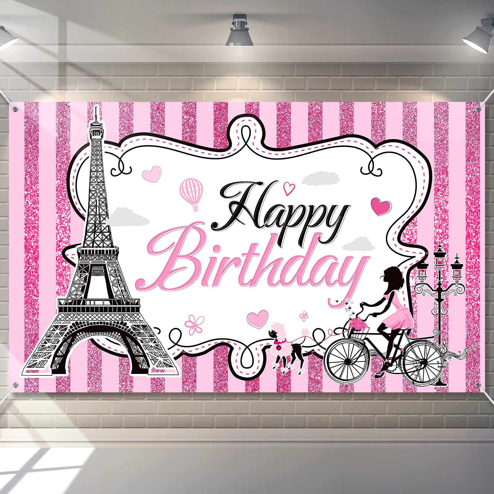 Paris Happy Birthday Backdrop - Eiffel Tower Photography Background for Paris Themed Party Decor | Sweet Pink Stripes Birthday Party Supplies | 5.9 x 3.6 ft | Perfect for Dessert Table Decorations, Baby Showers & Bridal Showers