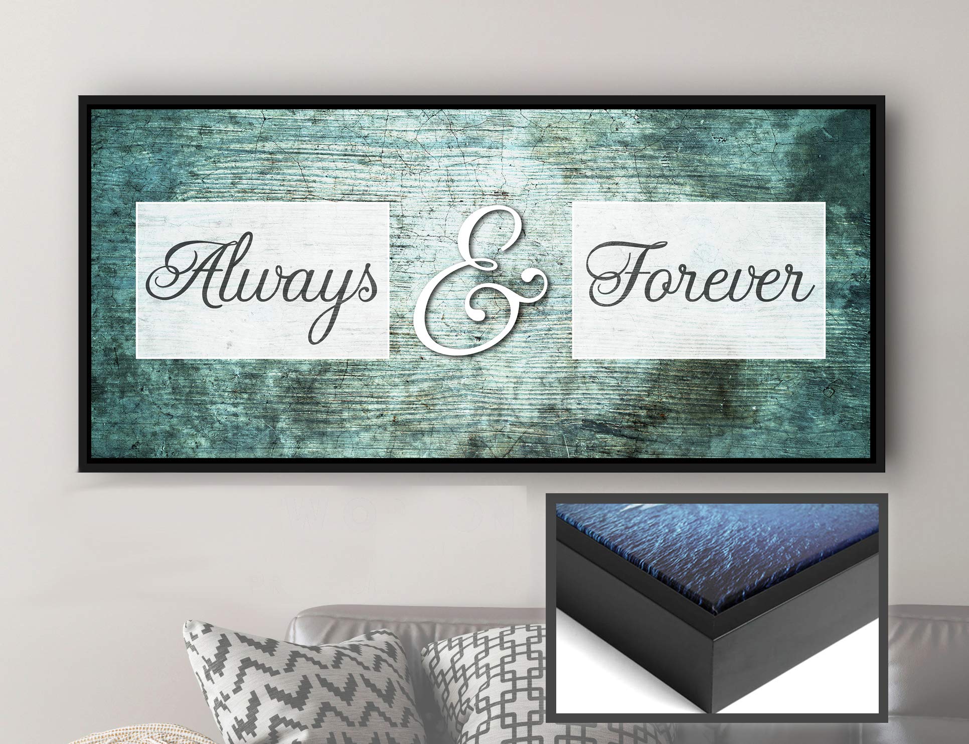 Always & Forever Love Sign - Large Canvas Wall Art for Bedroom Decor | Romantic Couples Wall Decor with Teal & Black Floating Frame (42x19) | Perfect Above Bed Wall Art for Master Bedroom & Wedding Gift