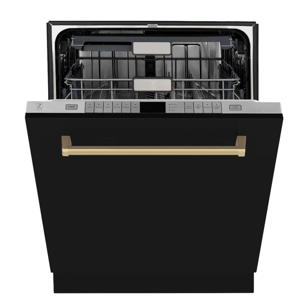 ZLINE Autograph Edition 24 Inch Black Matte Dishwasher with Champagne Bronze Handle - Ultra Quiet 45dBa, 3rd Rack & Top Touch Control - Perfect for Modern Kitchens, Open Concept Homes & Luxury Apartments