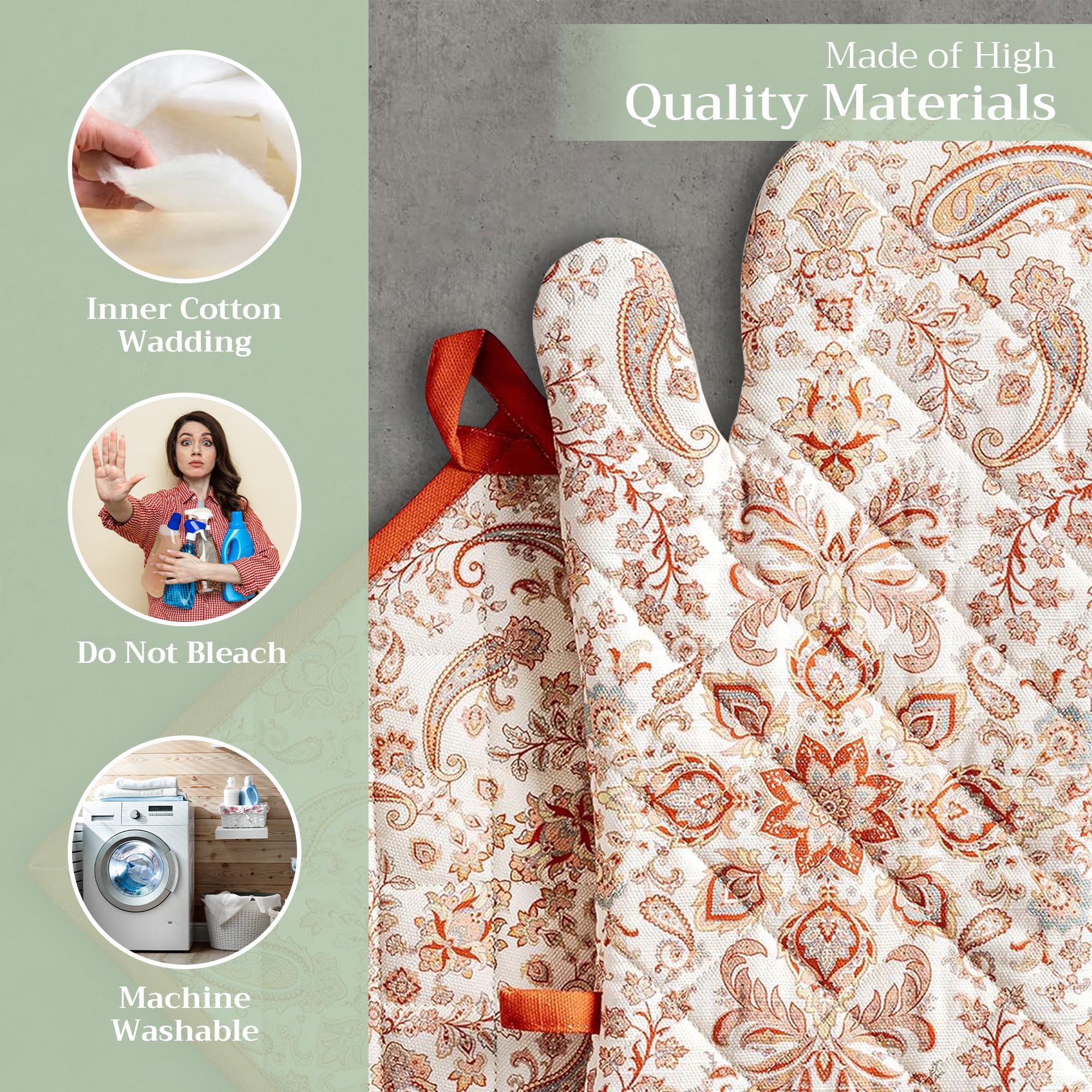 Hermine Cotton Oven Mitt & Pot Holder Set - Thick Heat-Resistant Kitchen Gloves (7.5x13 & 8x8 Inches) for Baking, BBQ, Cooking - Soft Durable Cachemire Material - Perfect for Thanksgiving, Christmas & Holiday Cooking Gifts