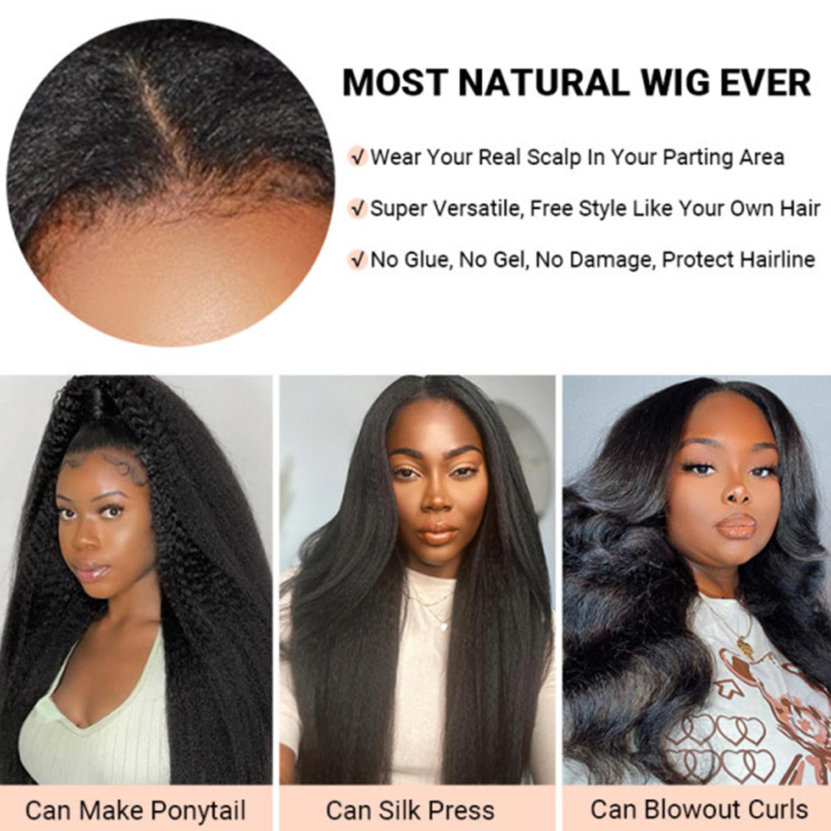 V Part Wig Kinky Straight 100% Human Hair No Leave Out No Sew In No Glue - 180% Density Yaki Wigs for Women (22 Inch) | Perfect for Daily Wear, Parties & Protective Styling