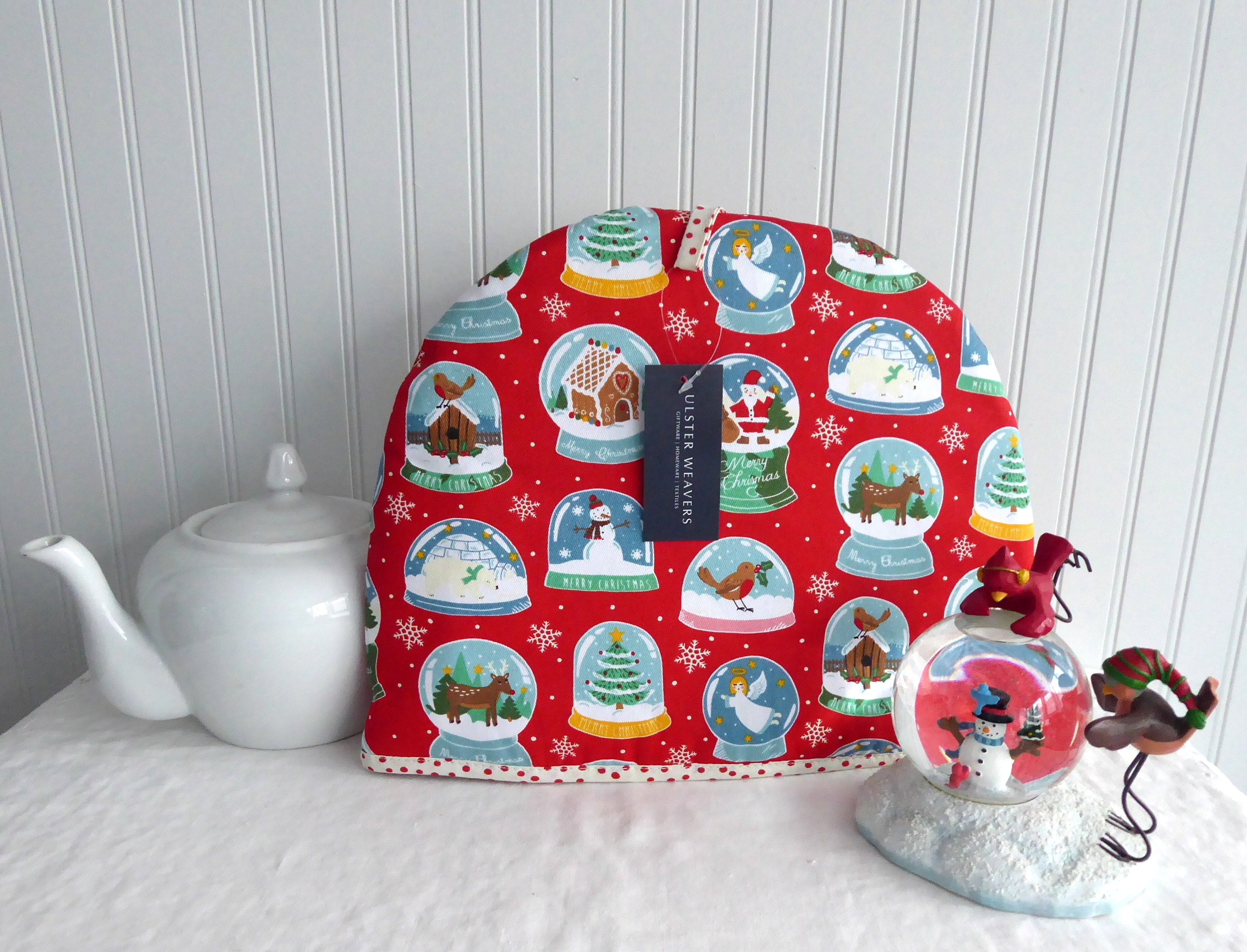 Christmas Snow Globe Tea Cozy - Large Padded Insulated Tea Pot Cover with Polka Dot Lining - Perfect for Holiday Decor & Winter Tea Parties