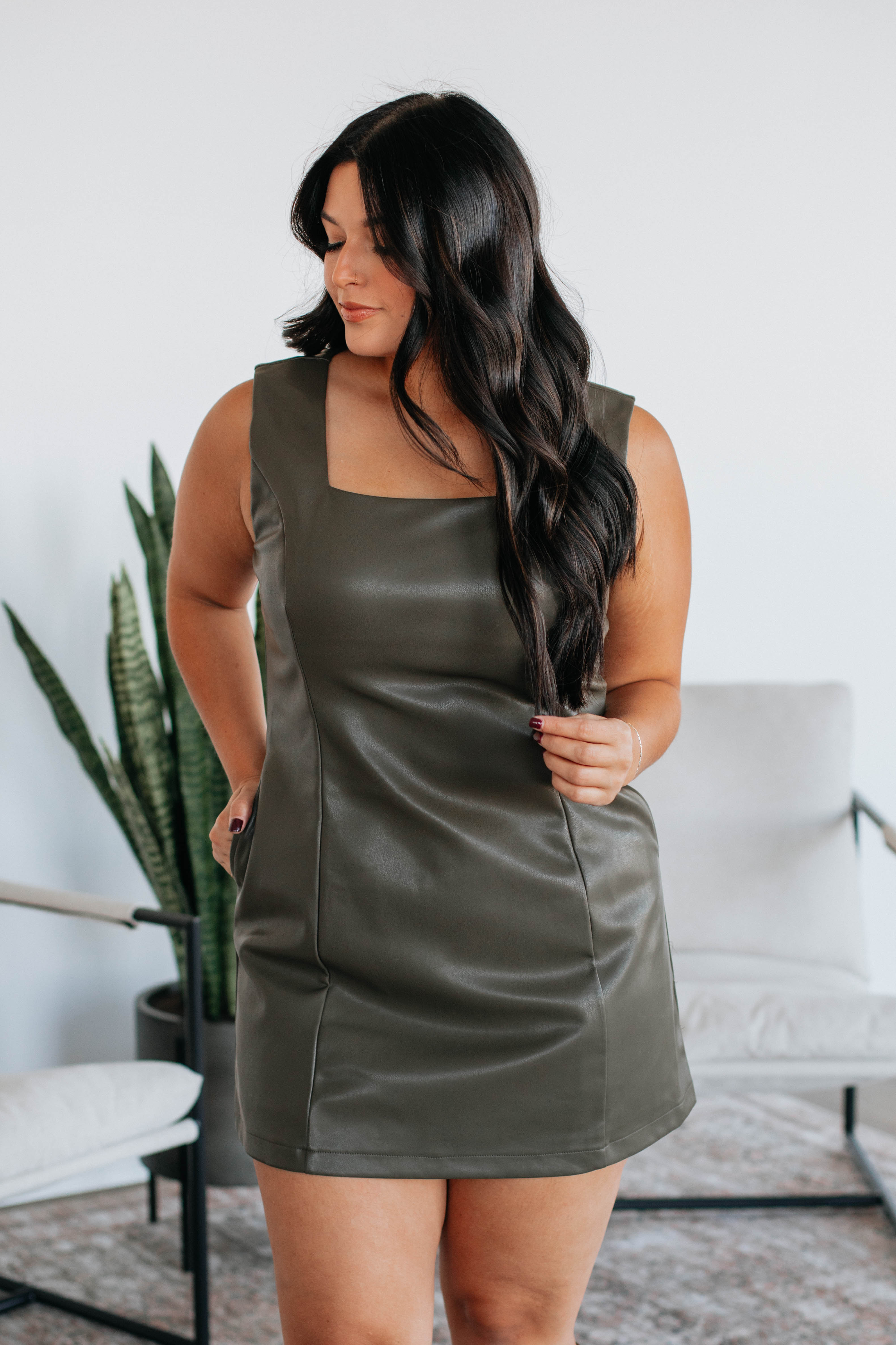 Allyse Genuine Leather Dress in Moss Green - Elegant & Stylish Women's Formal Wear for Office, Party & Evening Events