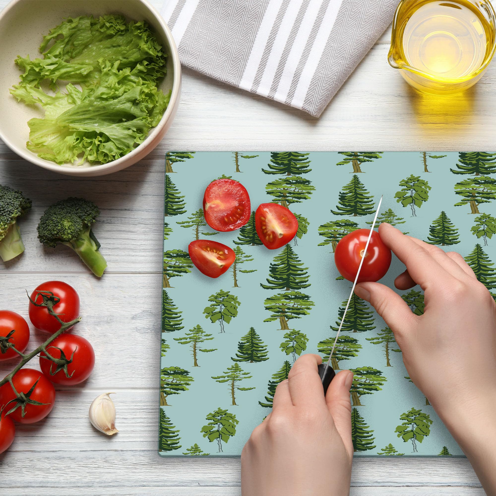 Ambesonne Decorative Tempered Glass Cutting Board with Pine Oak Fir Tree Motifs - Large Pastel Blue & Green Serving Board for Kitchen, Charcuterie & Entertaining
