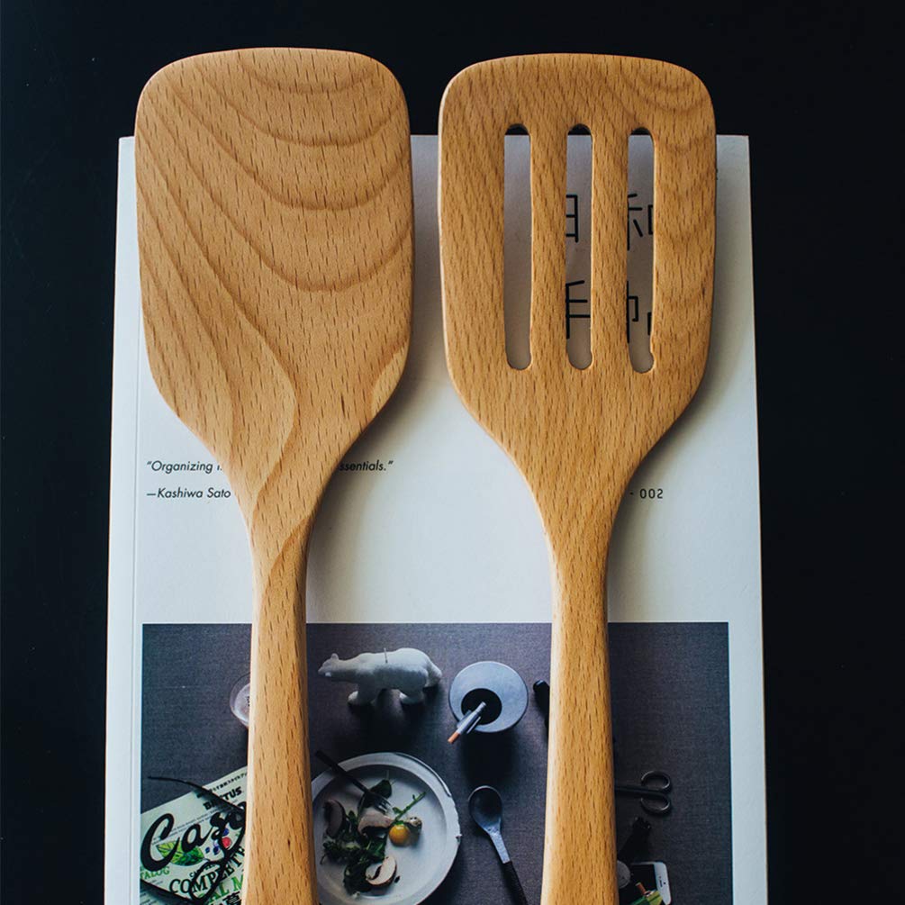 2-Pack Hemoton Wooden Cooking Utensils - Natural Bamboo Spatula Set for Non-Stick Pans & Woks - Wooden Mixing Spoon & Long Handle Kitchen Tools - Perfect for Baking, Frying & Stir-Frying