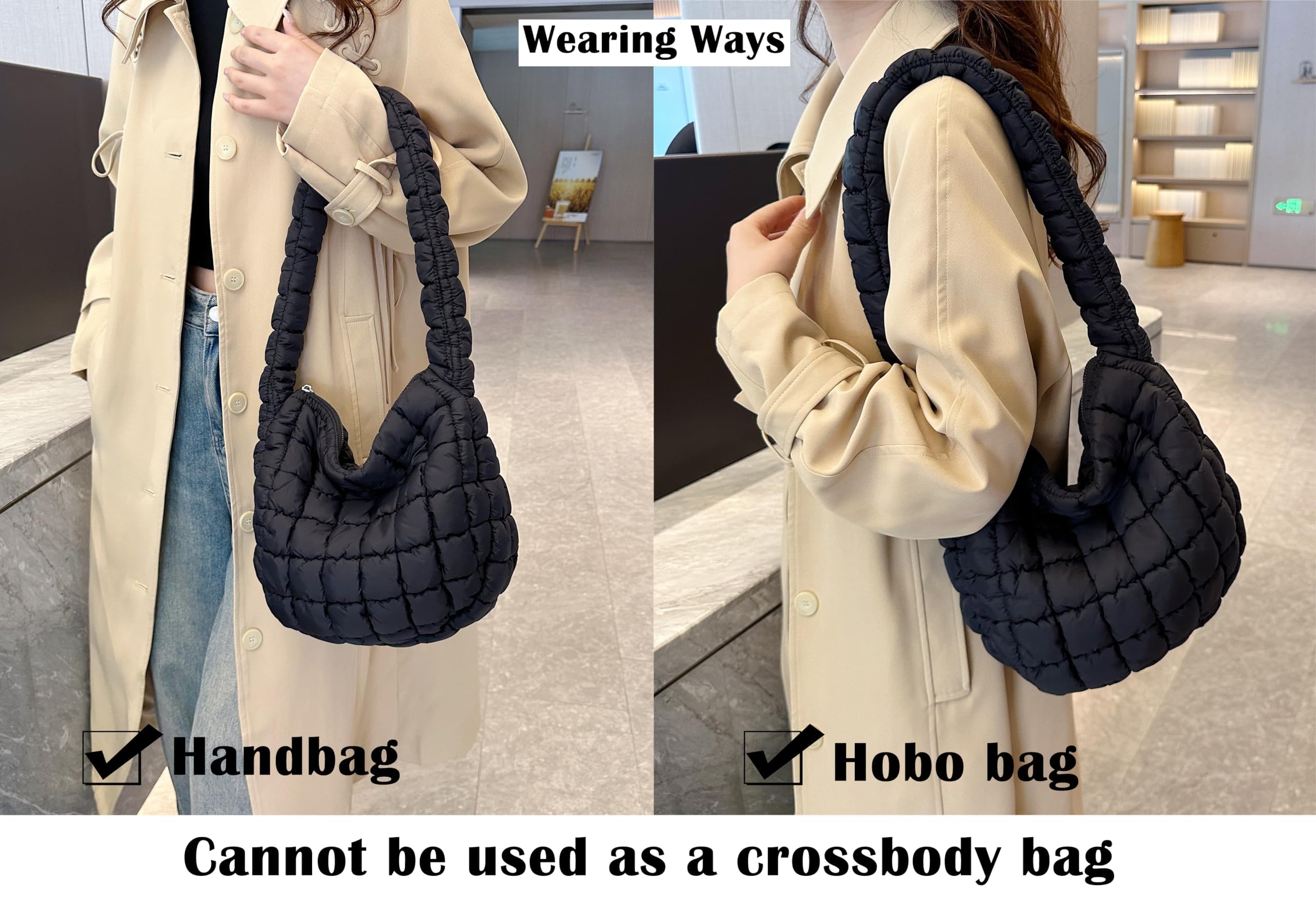 Quilted Puffer Tote Bag for Women - Lightweight Shoulder Bag with Zip, Hobo Satchel Handbag, Stylish Cloud Bag for Work, Travel & Shopping (2024)