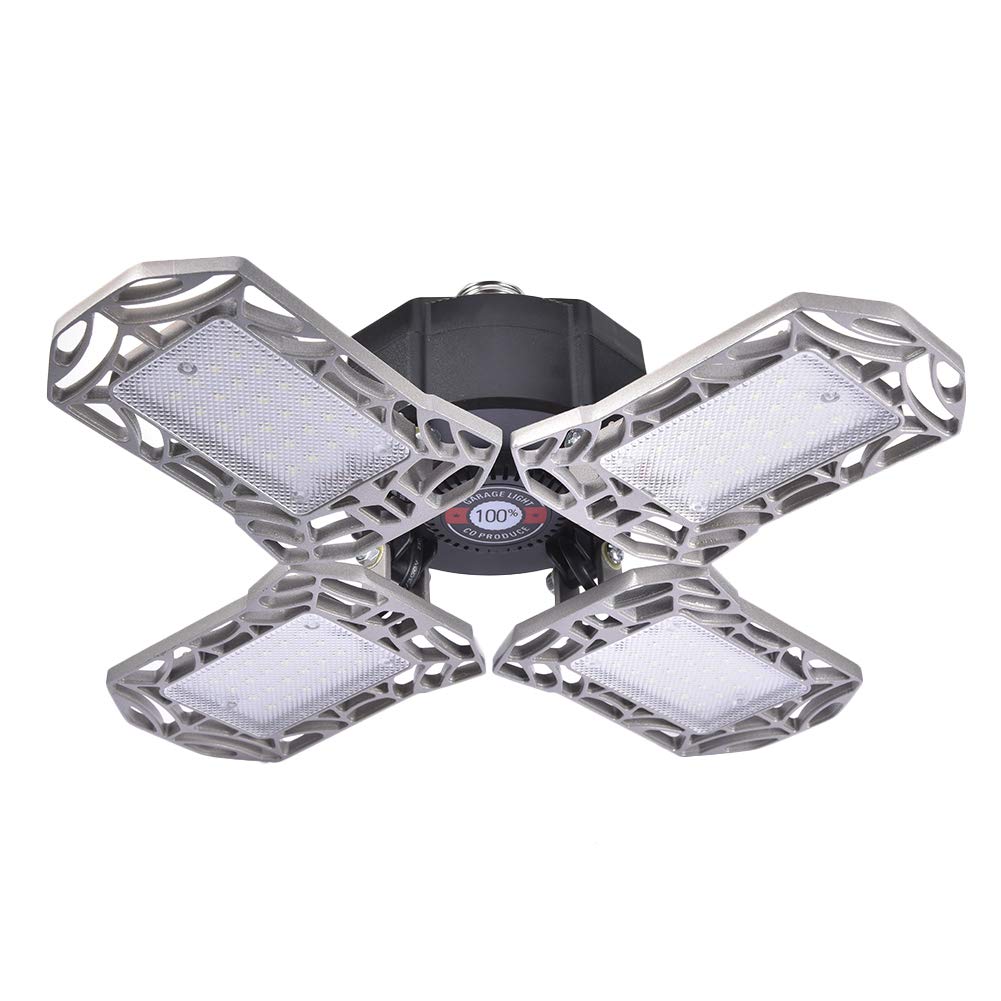 Foldable LED Garage Light - 4 Panel 96 LED 12000LM Deformable Ceiling Lamp (85-265V) for Workshop, Warehouse & Auto Repair Shop Lighting