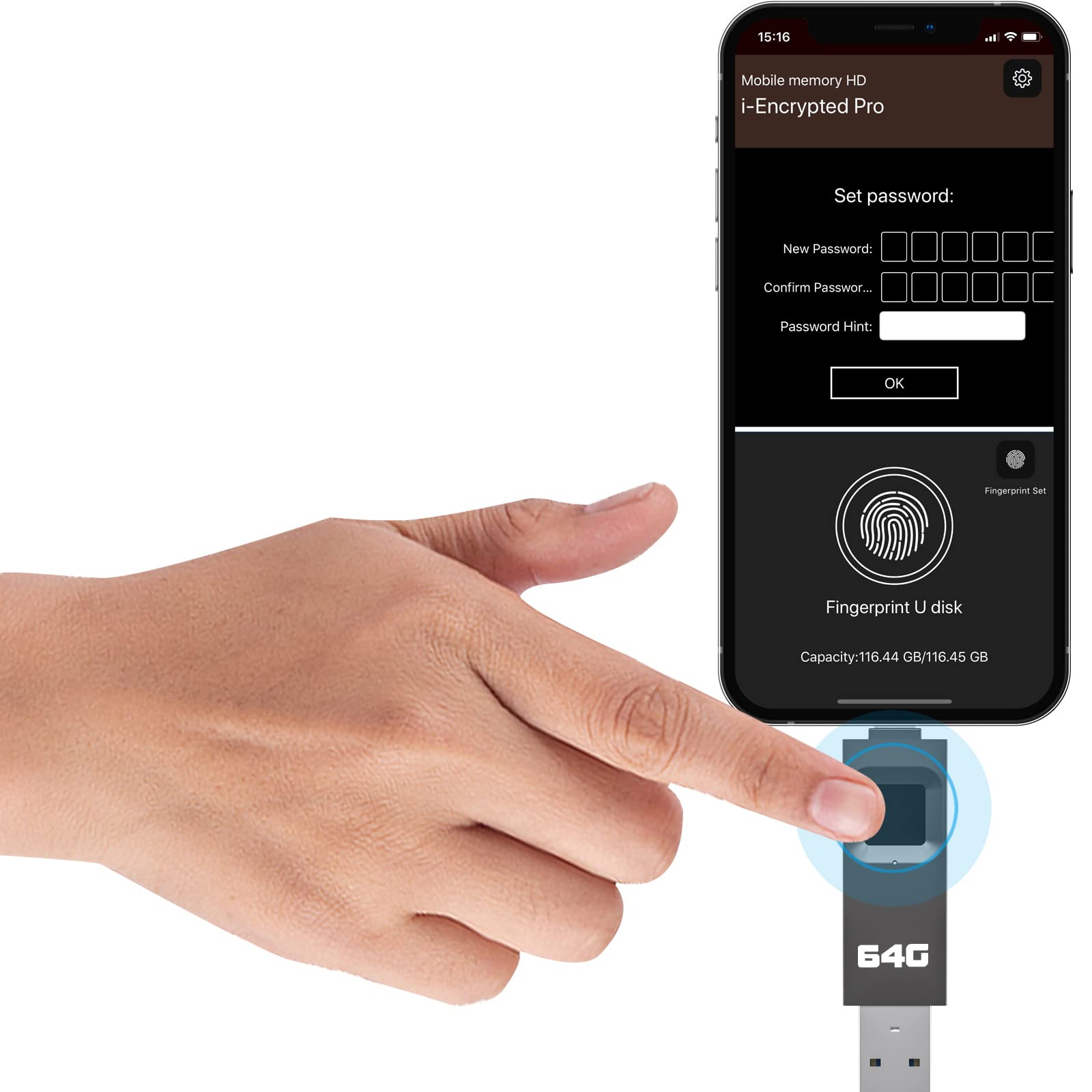 YIGORN 64GB Fingerprint Encrypted USB Flash Drive with Password Protection - Secure Storage for iPhone, iPad, Mac & PC - Perfect for Business Files, Personal Data & Sensitive Documents