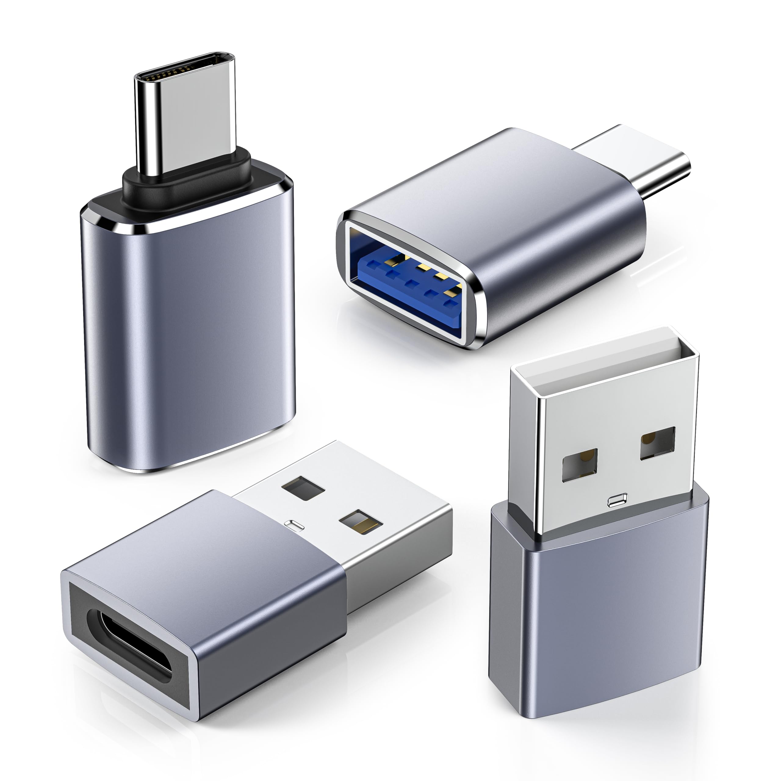 4-Pack USB to USB C Adapter Set - 2x Type C Female to USB A Male Charger Converter & 2x USB C Male to USB 3.0 Female OTG Adapter - Compatible with iPhone 16/15 Pro Max/14/13/12, Apple Watch, AirPods, Samsung Galaxy S24/S23 - Perfect for Charging, Data Transfer & Device Connectivity