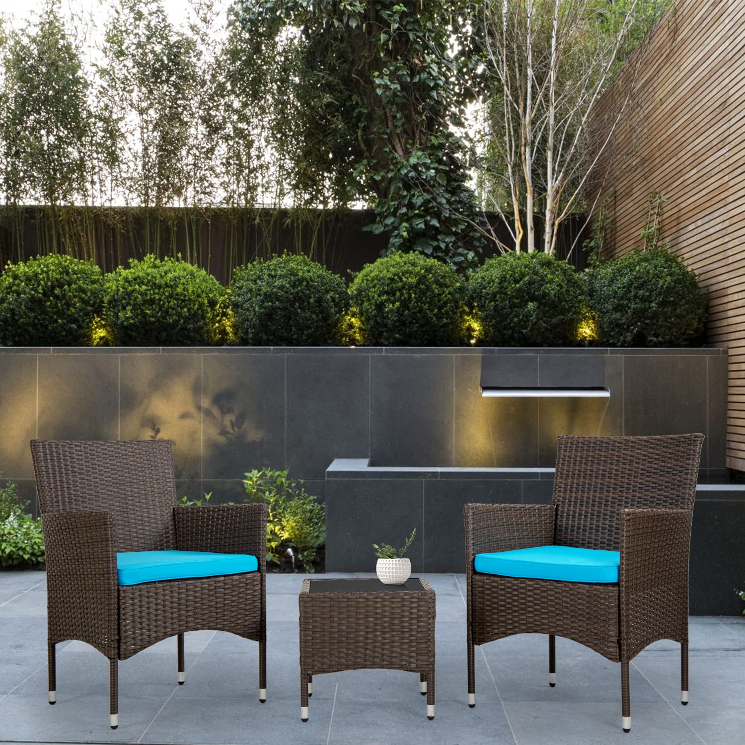 FDW 3-Piece Outdoor Patio Furniture Set - Wicker Bistro Set with Rattan Chairs & Table - Blue Cushion Included - Perfect for Yard, Backyard, Lawn, Porch, Poolside & Balcony Relaxation