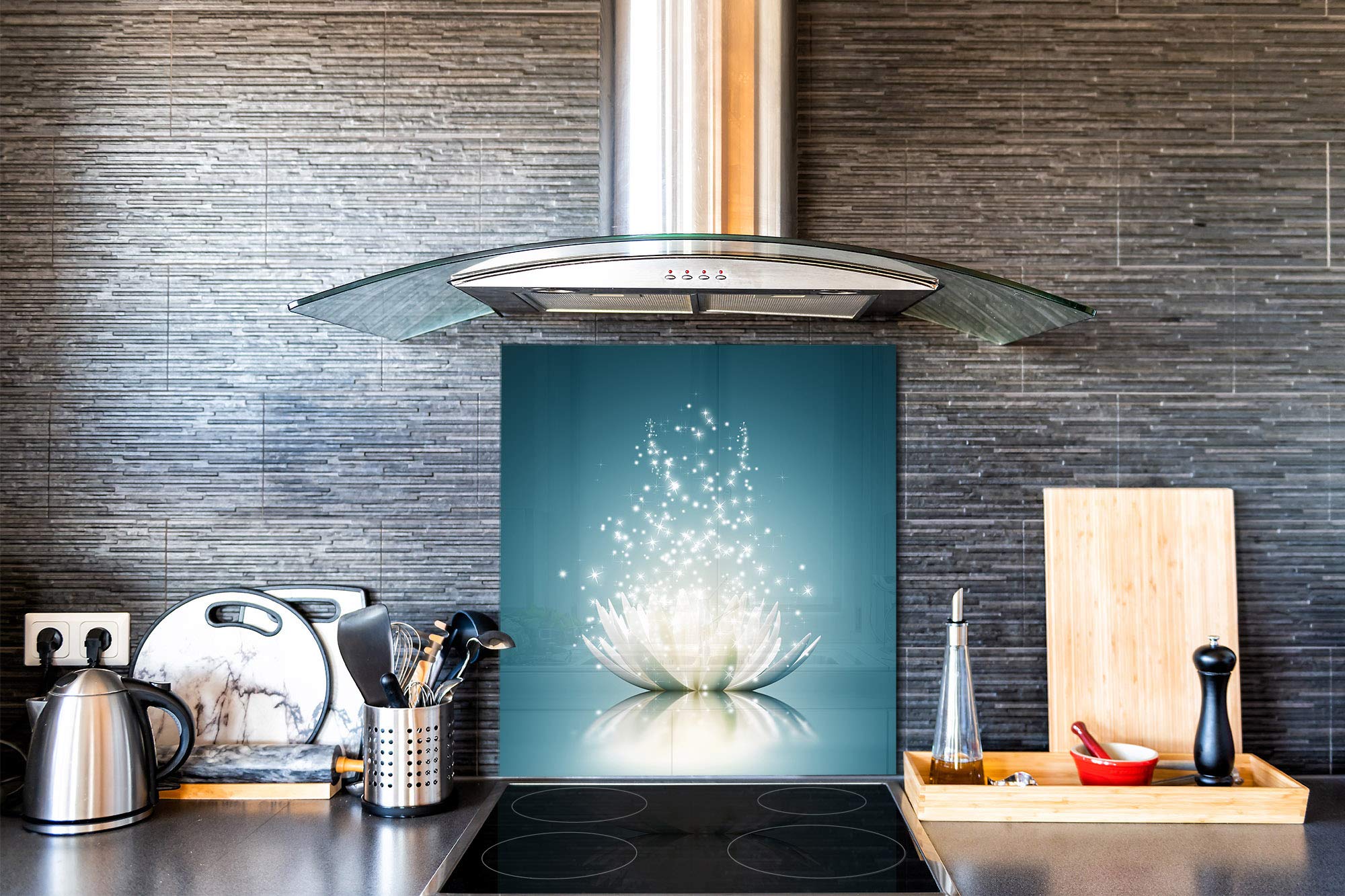 Concept Crystal Toughened Glass Backsplash - Art Glass Design Printed Glass Splashback BS 04 Dandelion & Flowers Series: Shining Water Lily | Modern Kitchen Backsplash for Home Decor & Protection