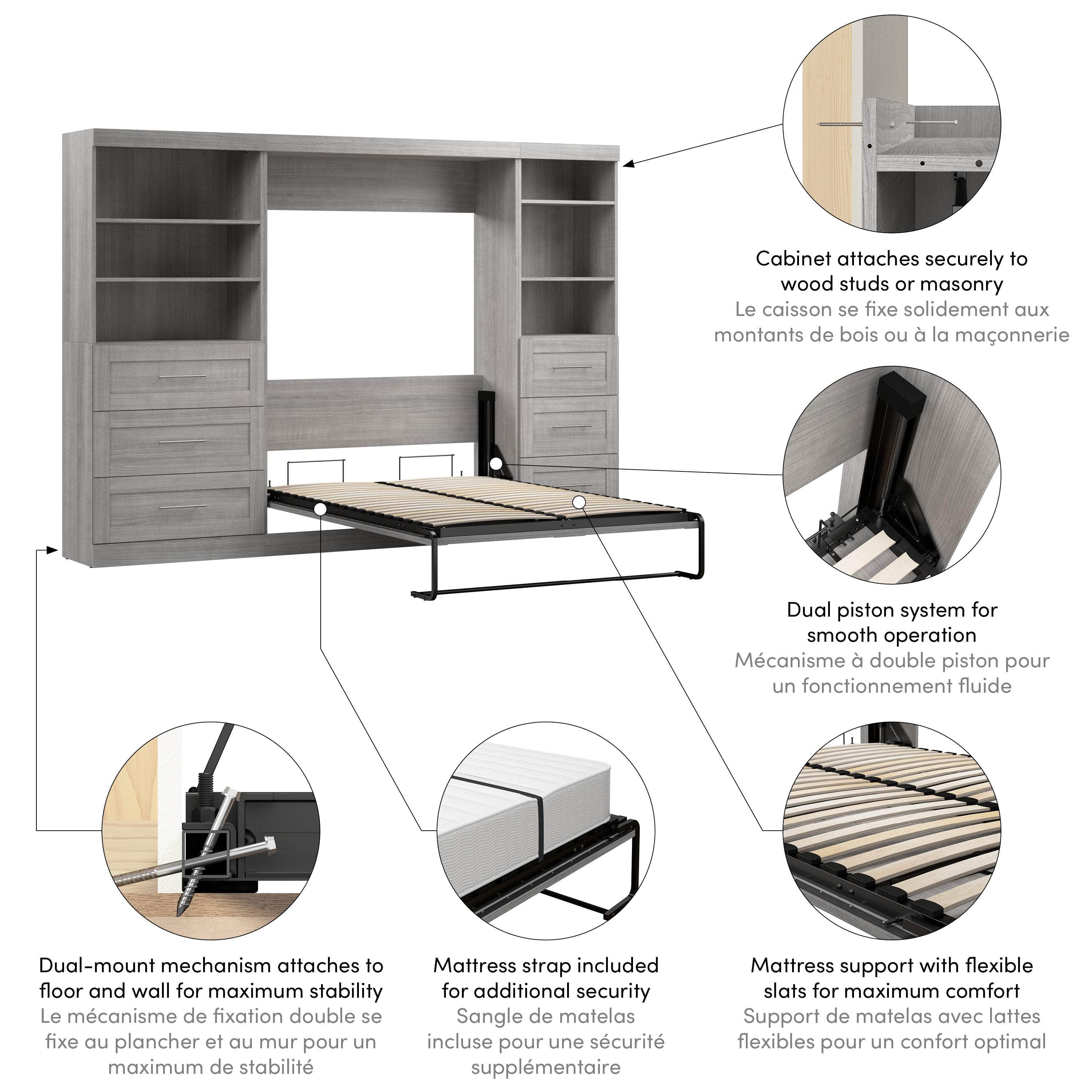 Pur Full Murphy Wall Bed with 2 Storage Units & Drawers (120 Inch) - 5 Color Options | Space-Saving Wall Bed for Small Apartments & Guest Rooms