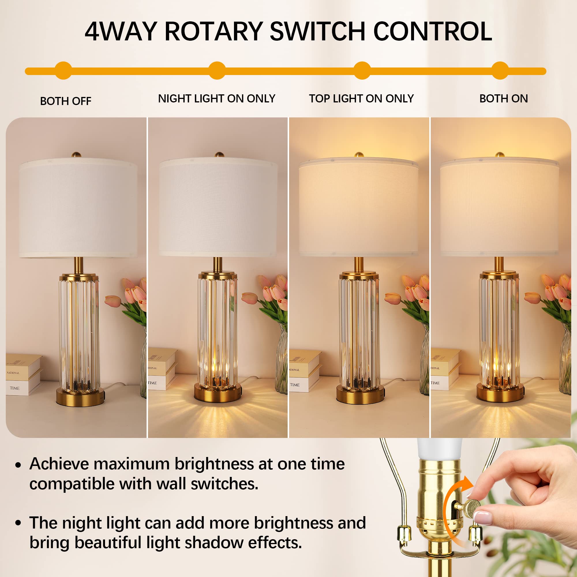 QiMH Modern Gold Table Lamps Set of 2 - Bedside Nightstand Lamps with USB A+C Charging Ports & Nightlight - LED Bulbs Included - White Shade Home Decor for Bedroom, Living Room & Office Lighting