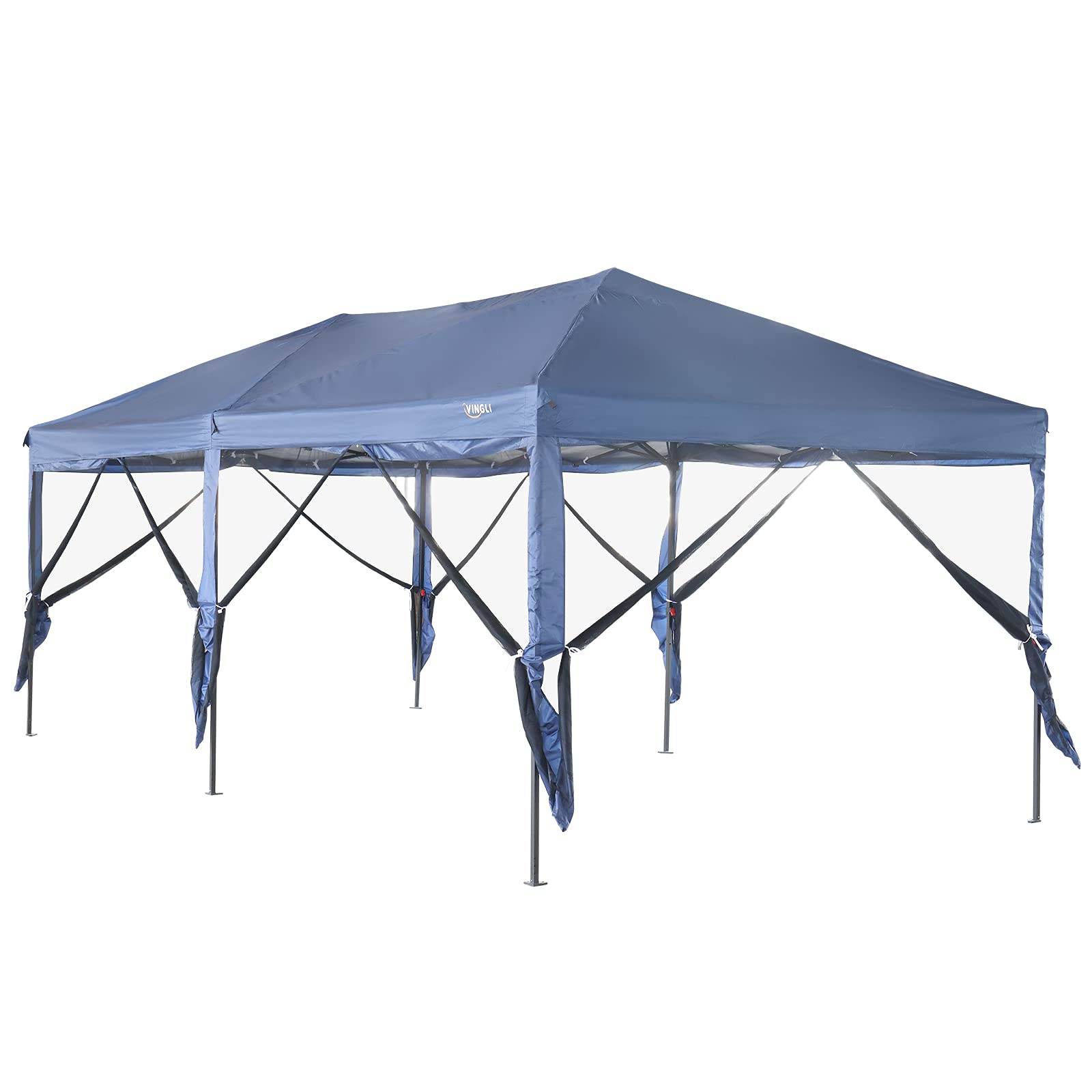 VINGLI 10x20 Pop Up Canopy Tent with Removable Sidewalls & Wheeled Carry Bag - Portable Outdoor Screen Tent for Camping, Beach, Picnics, Parties & Backyard Events - Blue Gazebo with Mosquito Netting