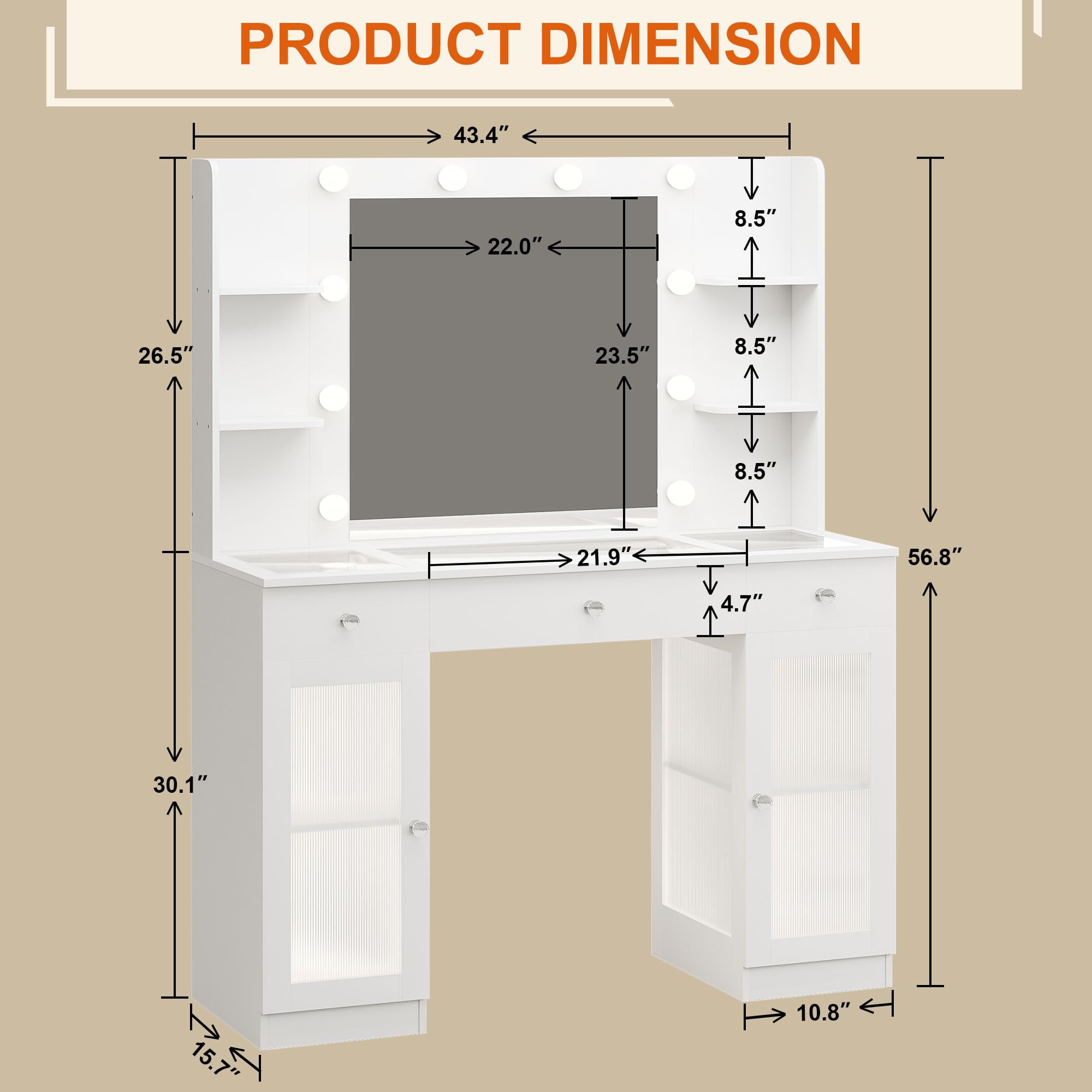 White Vanity Desk with Mirror & Lights - Makeup Vanity with Glass Top & Drawers for Bedroom, Perfect for Women & Girls