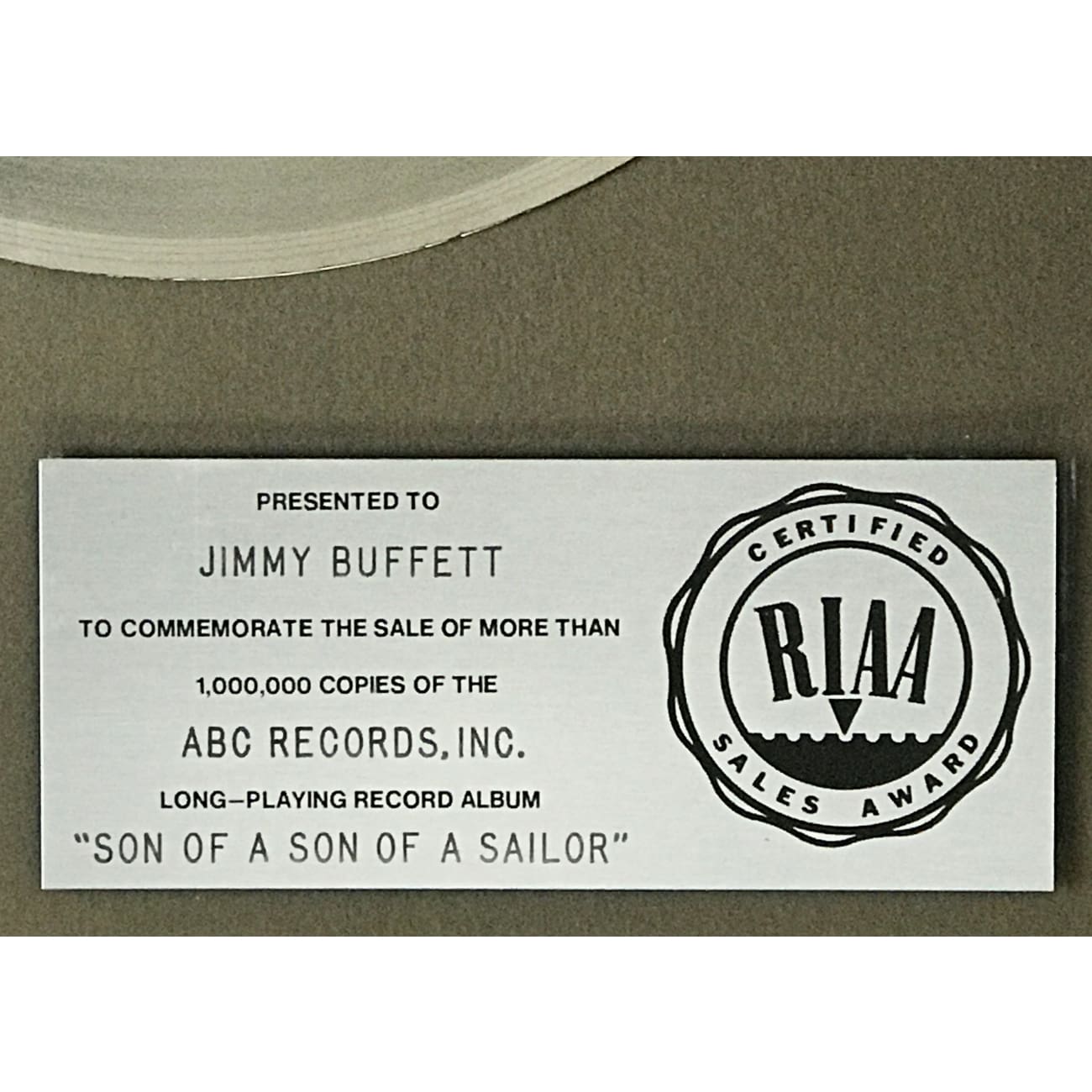 Jimmy Buffett Son Of A Son Of A Sailor RIAA Platinum LP Award - Rare Collectible Vinyl Record for Music Enthusiasts & Home Decor