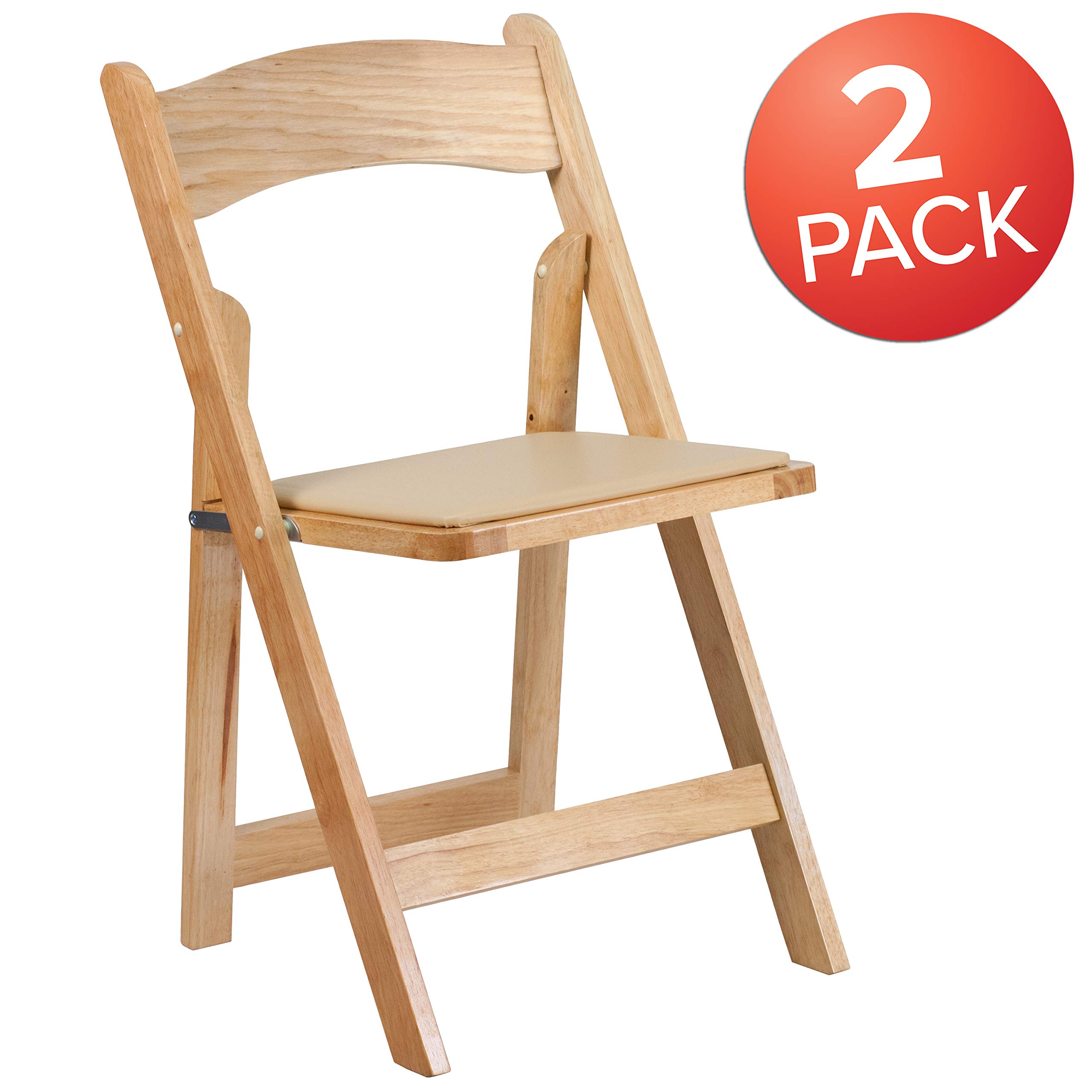 2 Pack Natural Wood Folding Chairs with Vinyl Padded Seat - Portable & Comfortable for Outdoor, Indoor, Camping, Picnics, Parties & Events