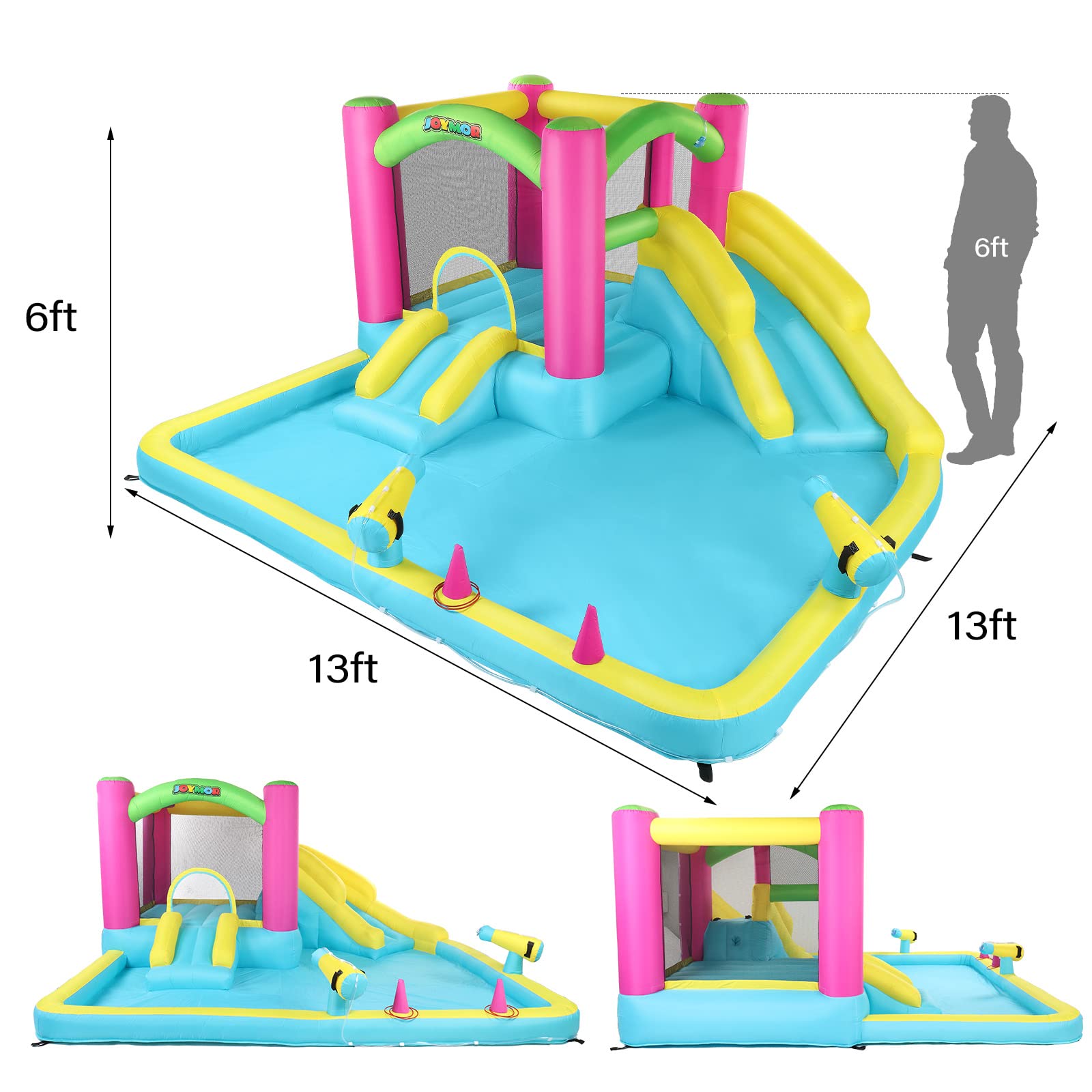 JOYMOR Inflatable Bounce House with Double Water Slide for Kids Ages 3-10 | Outdoor Water Play with Splash Pool, Water Cannons & Ring Toss Games | Indoor/Outdoor Bouncy Castle with Air Blower | Perfect for Backyard Parties, Summer Fun & Birthday Celebrations