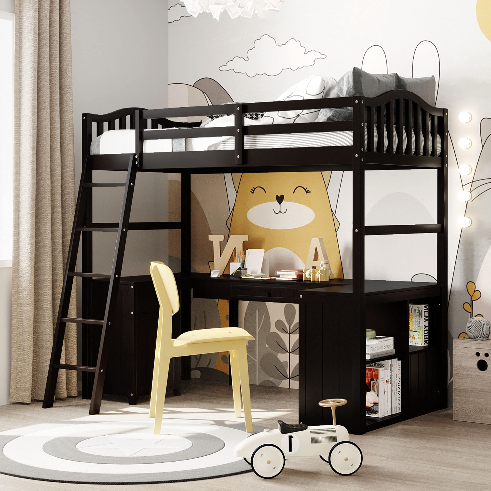 **Twin Loft Bed with Desk, Drawer & Cabinet - Wooden Kids Loft Bed with Bookcase Shelves - Space-Saving Furniture for Dorm, Teens & Adults (Espresso) - Perfect for Small Bedrooms, Apartments & College Dorms**