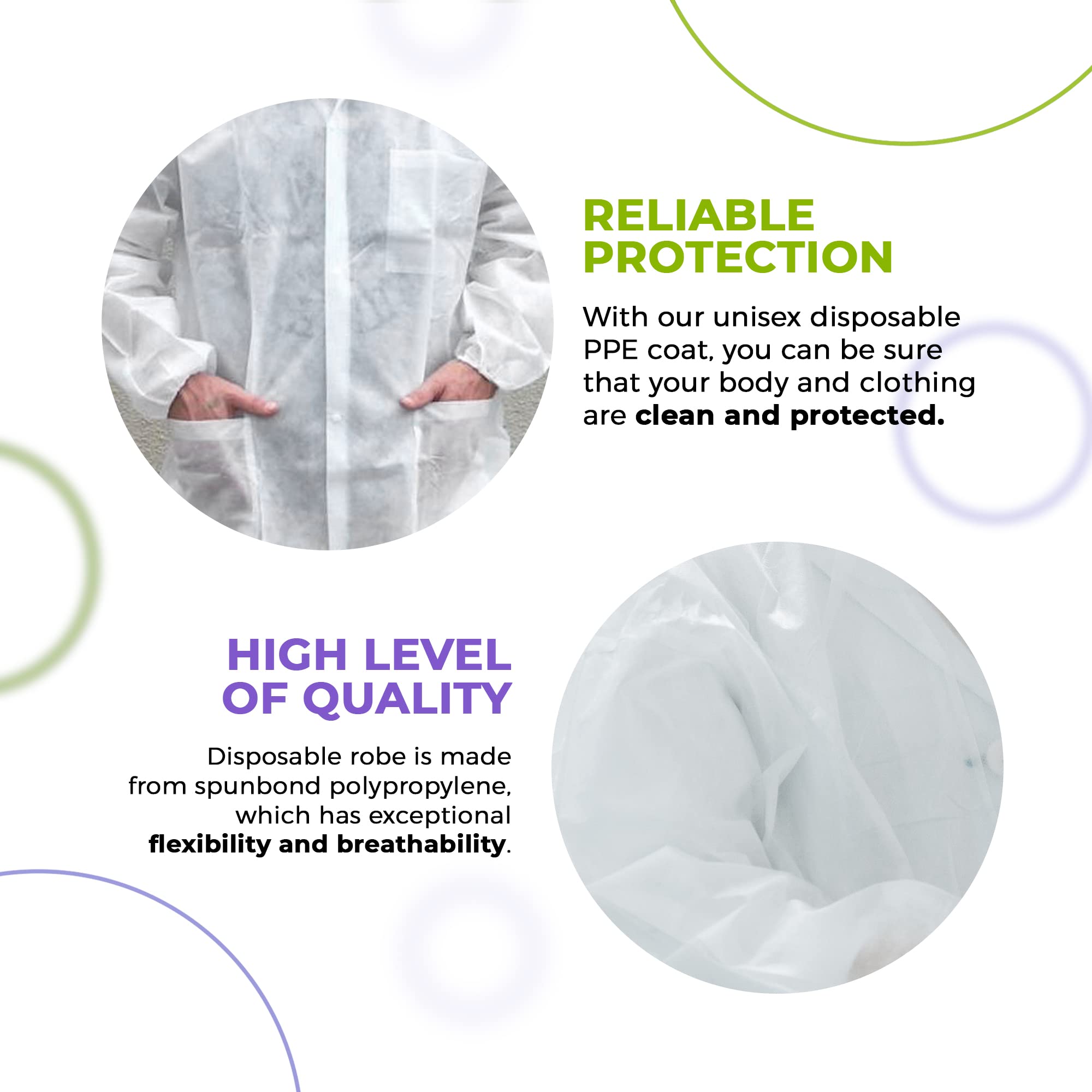 Disposable Lab Coat for Men & Women - White Medical PPE Coat, 2XL (Pack of 50) | Spunbonded PP 30 GSM, Elastic Wrists, Front Snaps & Pockets | Ideal for Healthcare Workers, Laboratories & Cleanrooms