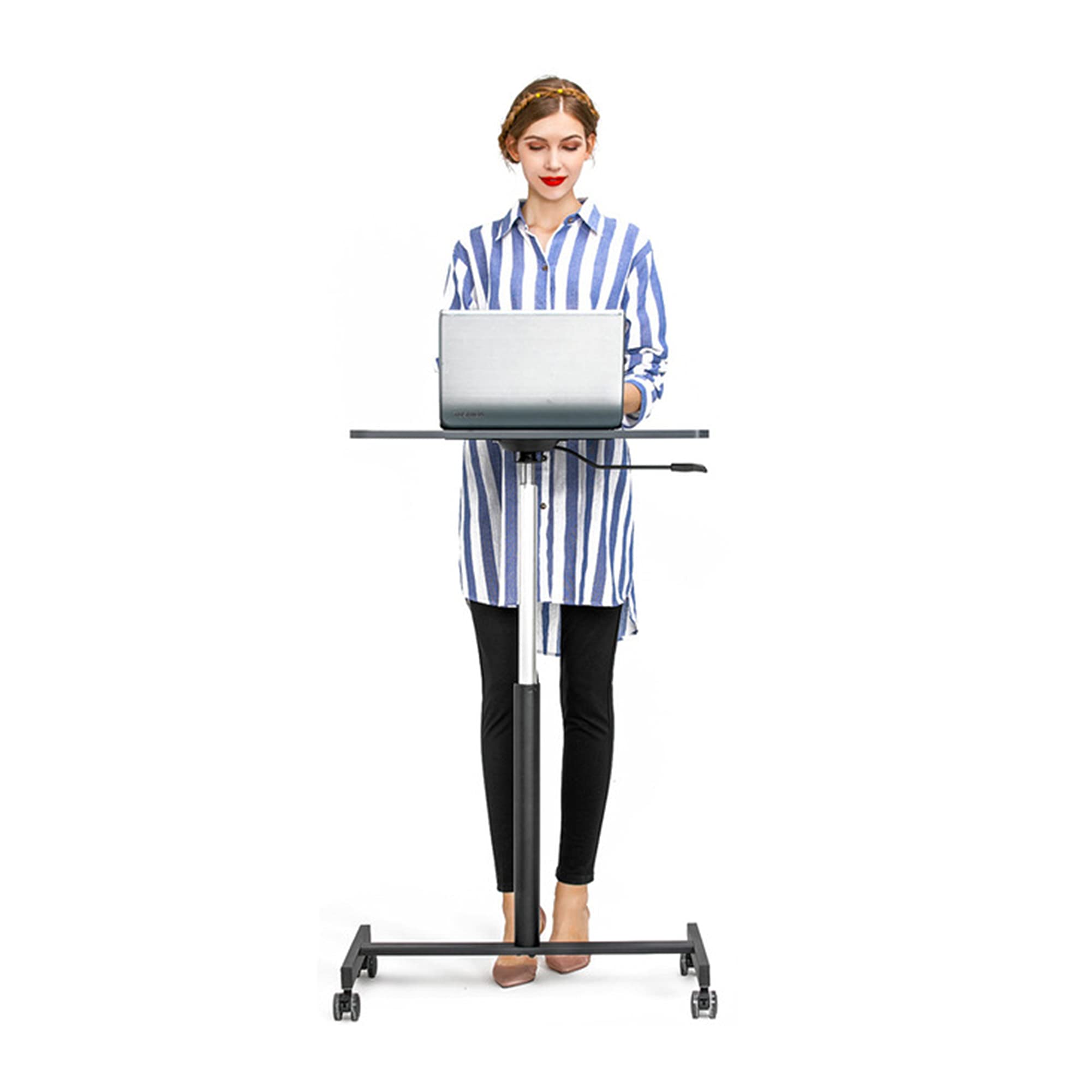 Adjustable Height Mobile Laptop Desk - Pneumatic Sit Stand Workstation for Office & Home, Rolling Medical Cart for Hospital, Classroom Lectern Podium - Perfect for Remote Work, Bedside Use & Teaching (Black)