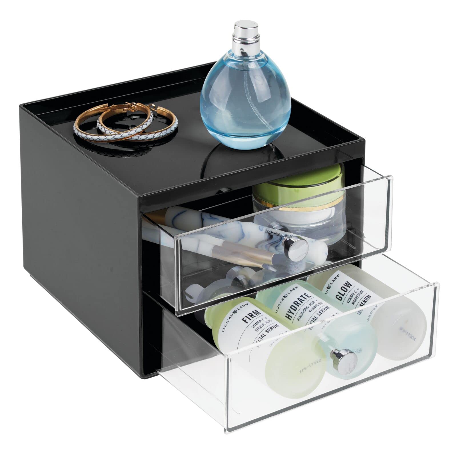 mDesign Plastic 2-Drawer Makeup Organizer - Stackable Cosmetic Storage with Pull-Out Drawers for Bathroom Vanity | Holds Lipstick, Eyeshadow, Nail Polish | Perfect for Bedroom Dresser, Beauty Salon & Travel Makeup Case (Lumiere Collection, Black/Clear)