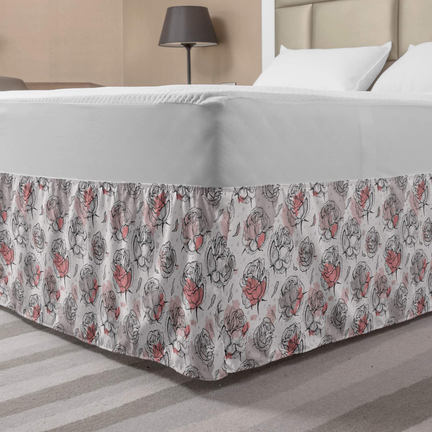 Ambesonne Rose Elastic Bed Skirt - Romantic Floral Design with Pastel Paint Blots, Wrap Around Fabric Bedskirt Dust Ruffle for King Size Beds in Pale Rose Coral Grey | Perfect for Master Bedroom Decor & Guest Room Styling