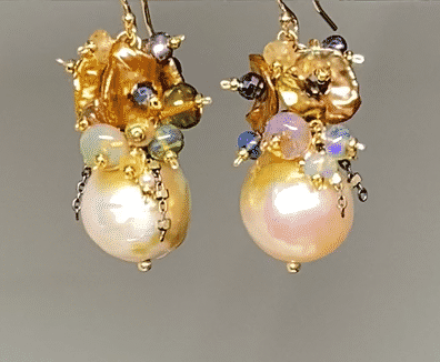Exquisite Black Opal & Golden Keishi Pearl Cluster Earrings – Elegant White Pearl & Gold Jewelry for Women | Perfect for Weddings, Parties & Special Occasions
