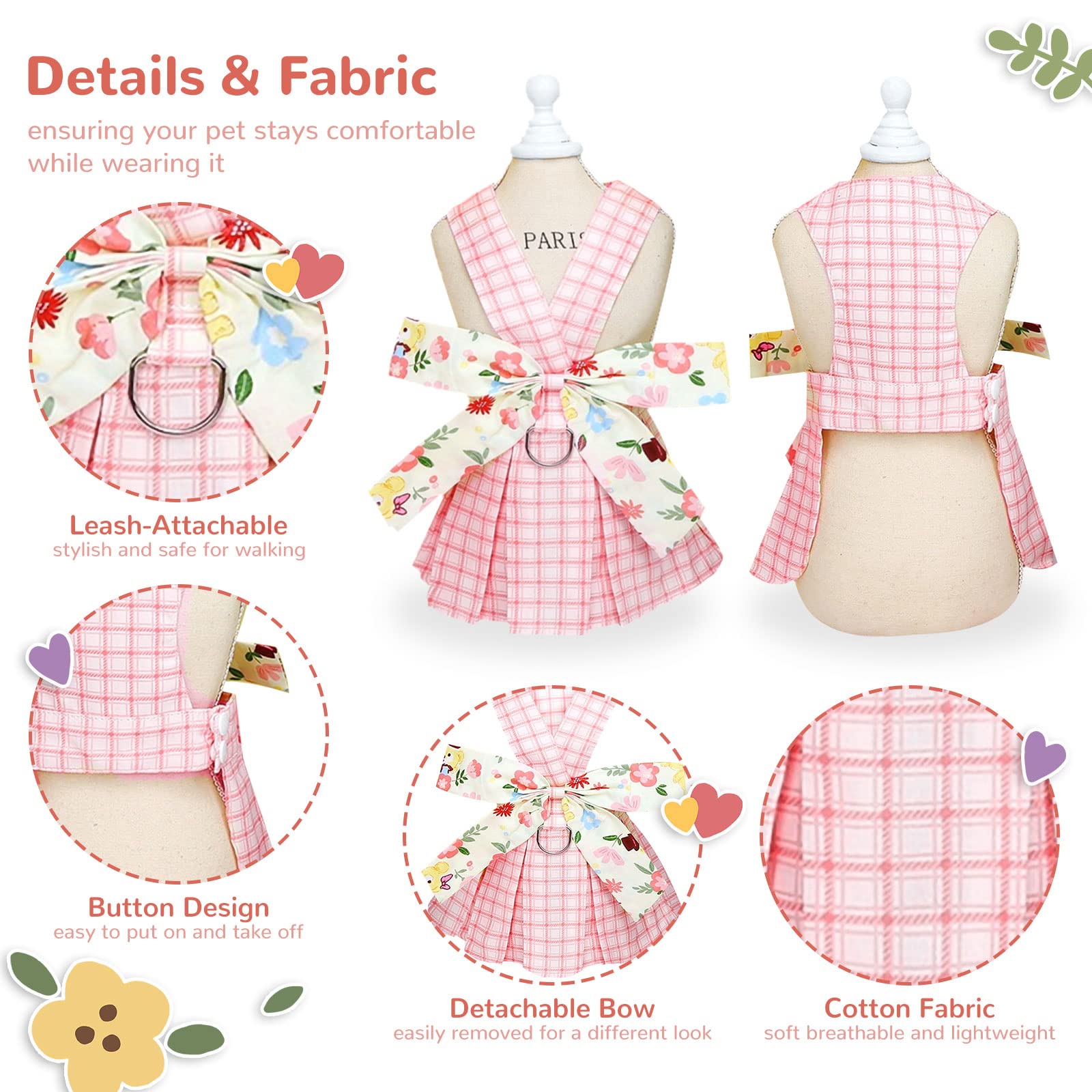 Adorable Plaid Dog Dress Harness & Leash Set for Small Medium Dogs - Pink Summer Pet Outfit with Bow for Puppy Princess, Chihuahua & Yorkie (Size L) | Perfect for Holiday Parties, Photo Shoots & Special Occasions