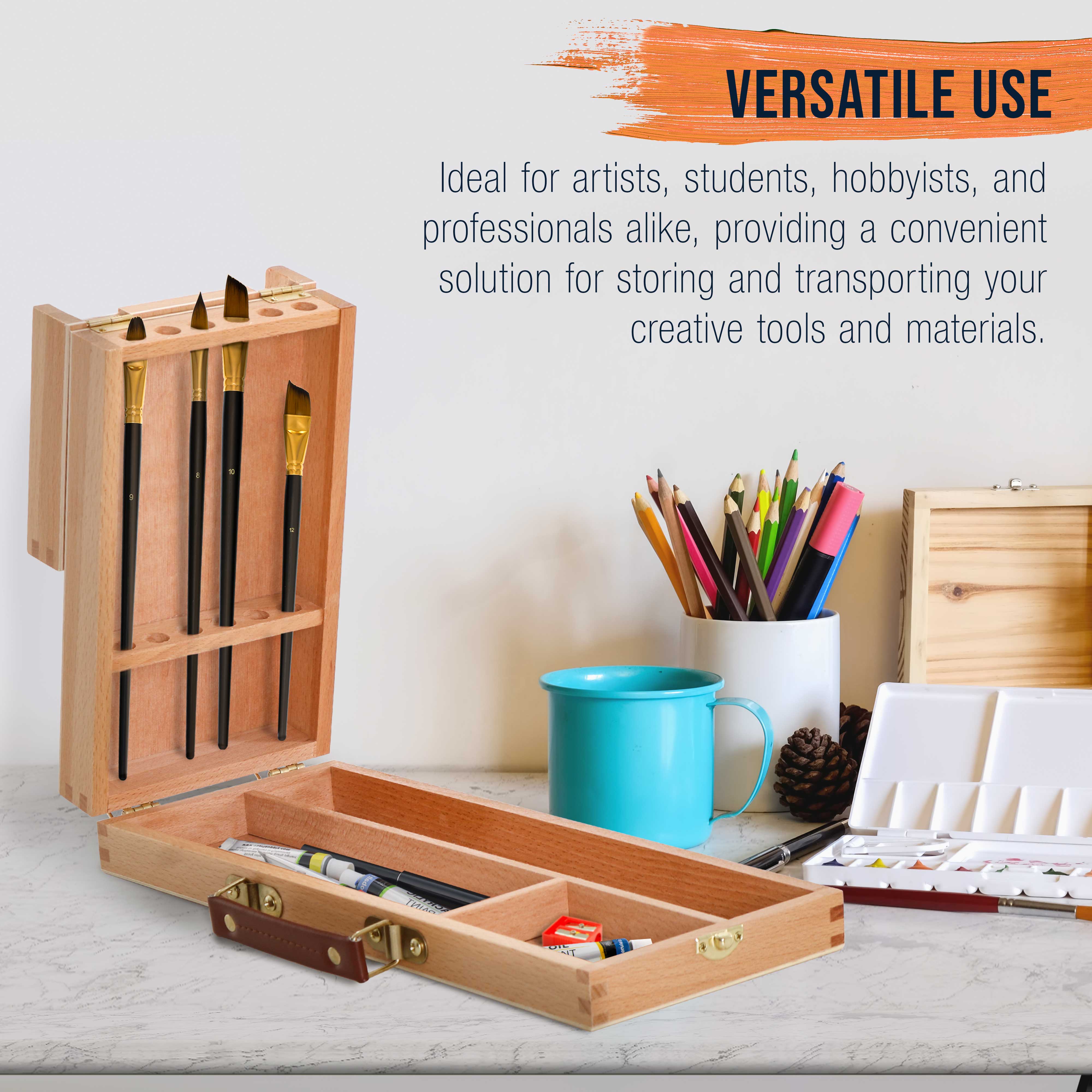 Multi-Function Unfinished Beechwood Flip-Open Artist Storage Box with Locking Clasps - Organize & Protect Pencils, Brushes, Erasers & Art Supplies - Perfect for Artists, Students & Crafters at Home, Studio or Travel