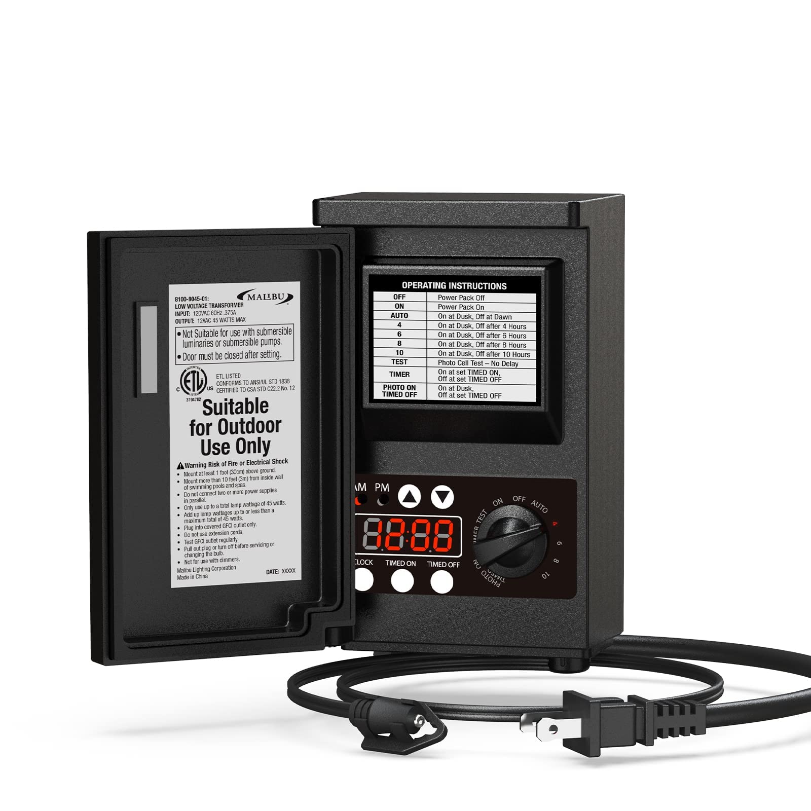 45W Malibu Low Voltage Landscape Transformer - 120V to 12V Outdoor Power Supply for Pathway Lights & Spotlights with Timer, Photocell Sensor, Weatherproof Shield - Perfect for Garden, Patio, and Yard Lighting