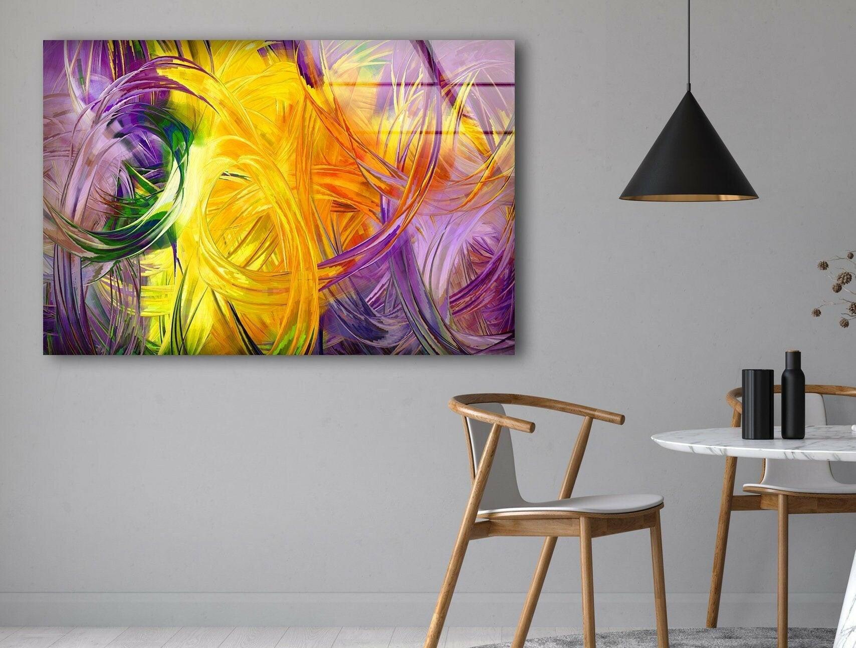 Abstract Art Yellow Fractal Glass Wall Decor - Modern Geometric Artwork for Living Room, Bedroom & Office Decor