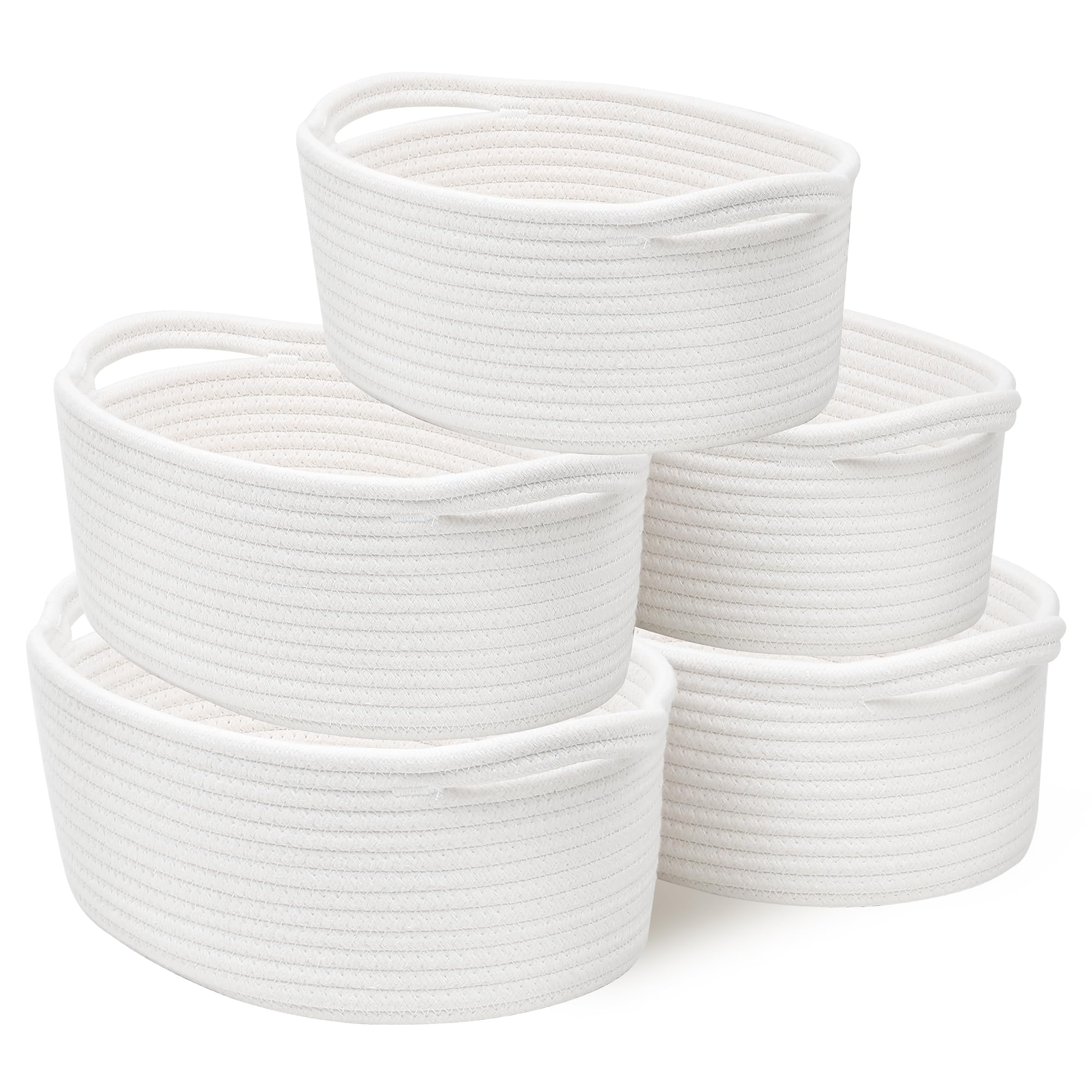 Bellzacasa Small Woven Storage Baskets with Handles - 5 Pack Cotton Rope Organizer Bins for Baby Nursery, Bathroom & Home Decor - Round Shelf Baskets for Toys, Blankets & Essentials (Off White)