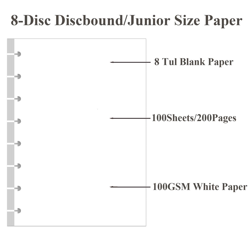 Junior Size Blank Refill Paper - A5 8-Disc Discbound Notebook Filler Paper, 100 Sheets (200 Pages) 100gsm White Paper, 5.8