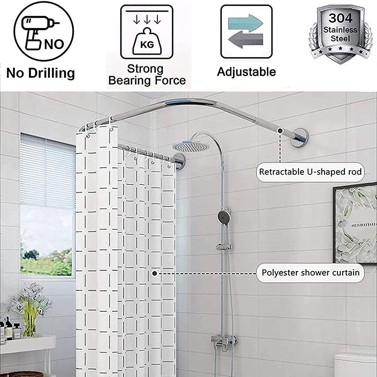 Stainless Steel Adjustable U-Shaped No-Drill Shower Curtain Rod - Extendable Curved Corner Bathroom Shower Rail Bar for Shower Cabin with Shower Curtain - Perfect for Small Spaces, Apartments & Bathroom Renovations