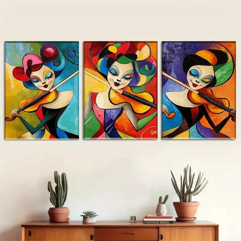 3-Piece Abstract Violinist Wall Art Set - Colorful & Lively Framed Canvas Prints 40x60cm (16x24in) | High-Quality Australian Made Ready-to-Hang Decor for Living Room, Bedroom & Office