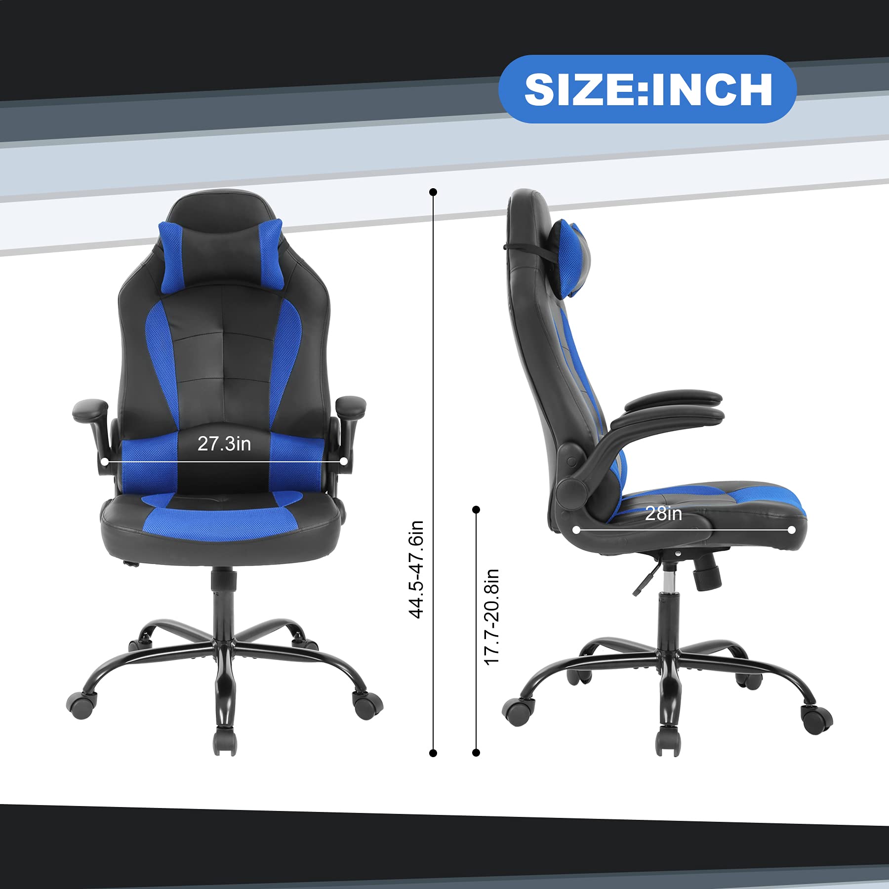 Ergonomic Gaming Chair with Lumbar Support - Adjustable PC Computer Racing Chair for Office & Home, Flip-Up Armrests, Swivel & Rolling Task Chair for Men & Women (Blue) - Perfect for Gaming, Working & Studying