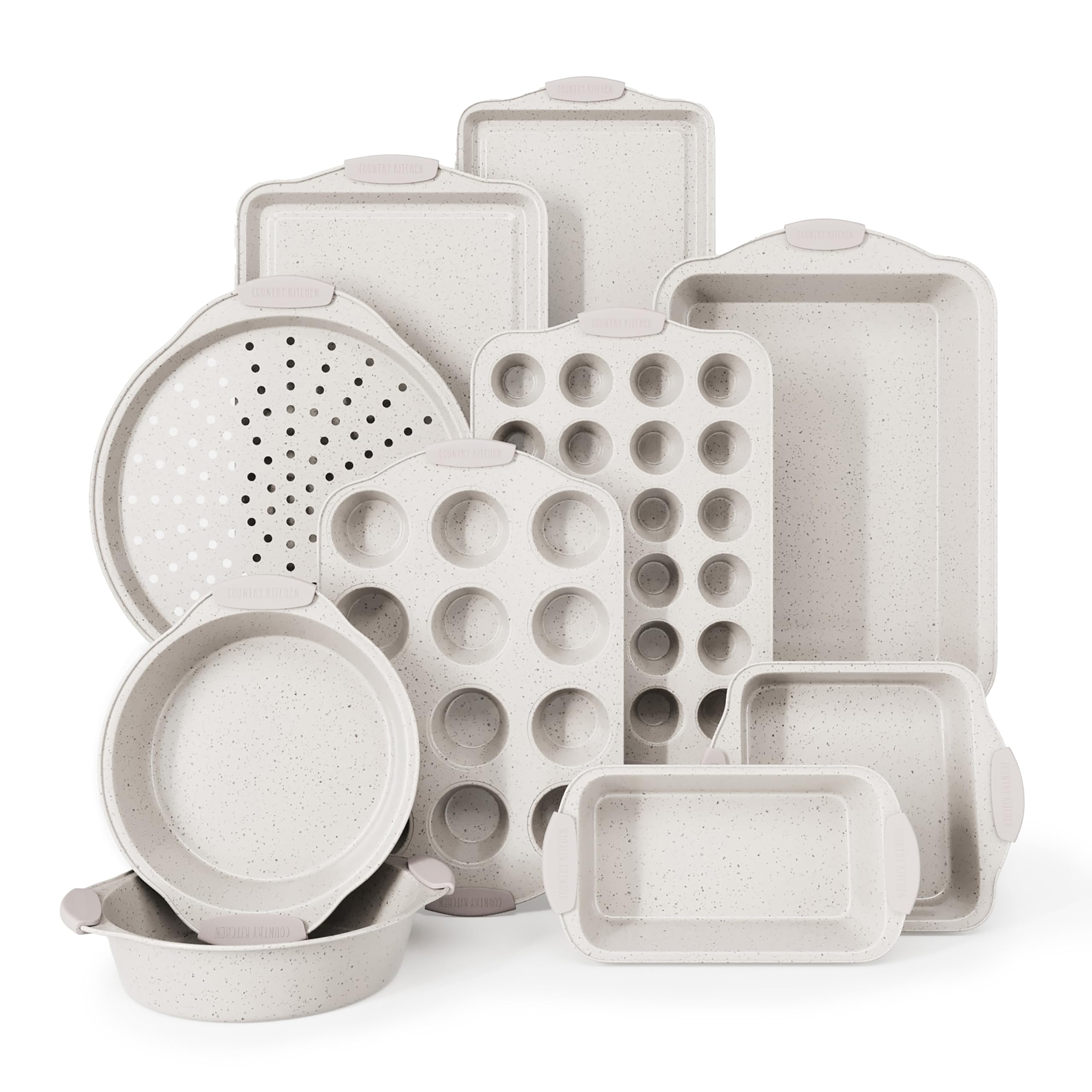 Nonstick Stackable Bakeware Set - 10-Piece Durable Country Kitchen Baking Pans with Easy Release, Cream Color - Perfect for Cakes, Cookies, Pies & Holiday Baking