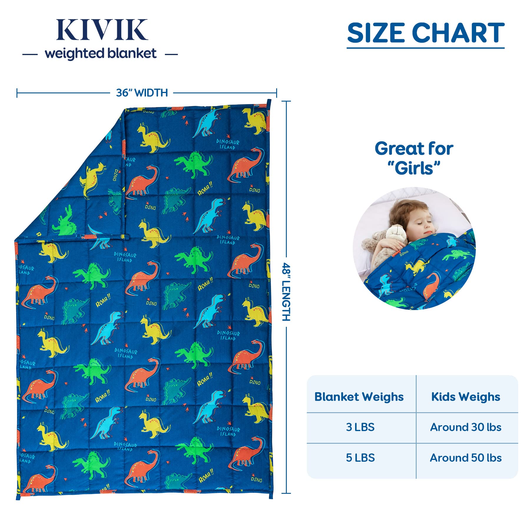 **Kivik 3lbs Weighted Blanket - Blue Dinosaur Design, Soft & Washable Heavy Blanket for Kids & Adults (36x48 Inches) - Perfect for Stress Relief, Anxiety, and Better Sleep**