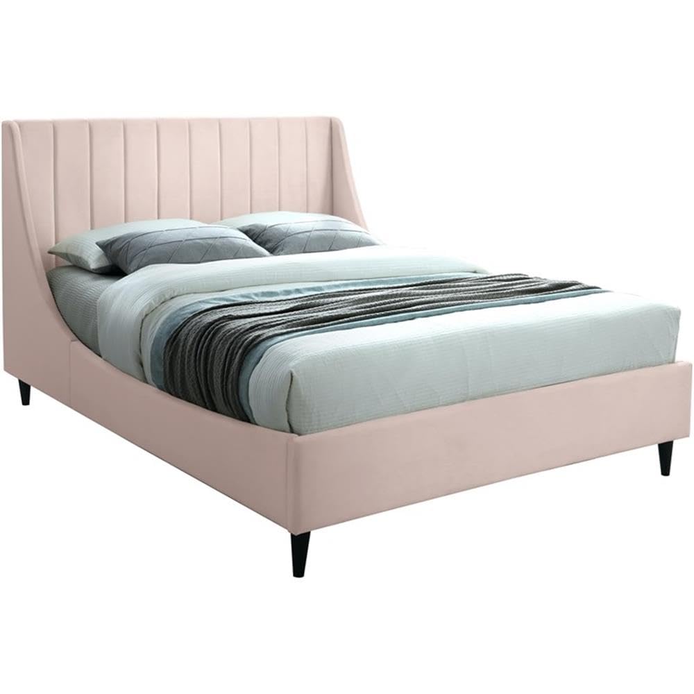 MAKLAINE Pink Velvet Upholstered Queen Size Bed Frame - Modern Contemporary Bedroom Furniture for Master Bedroom, Guest Room & Apartment Decor