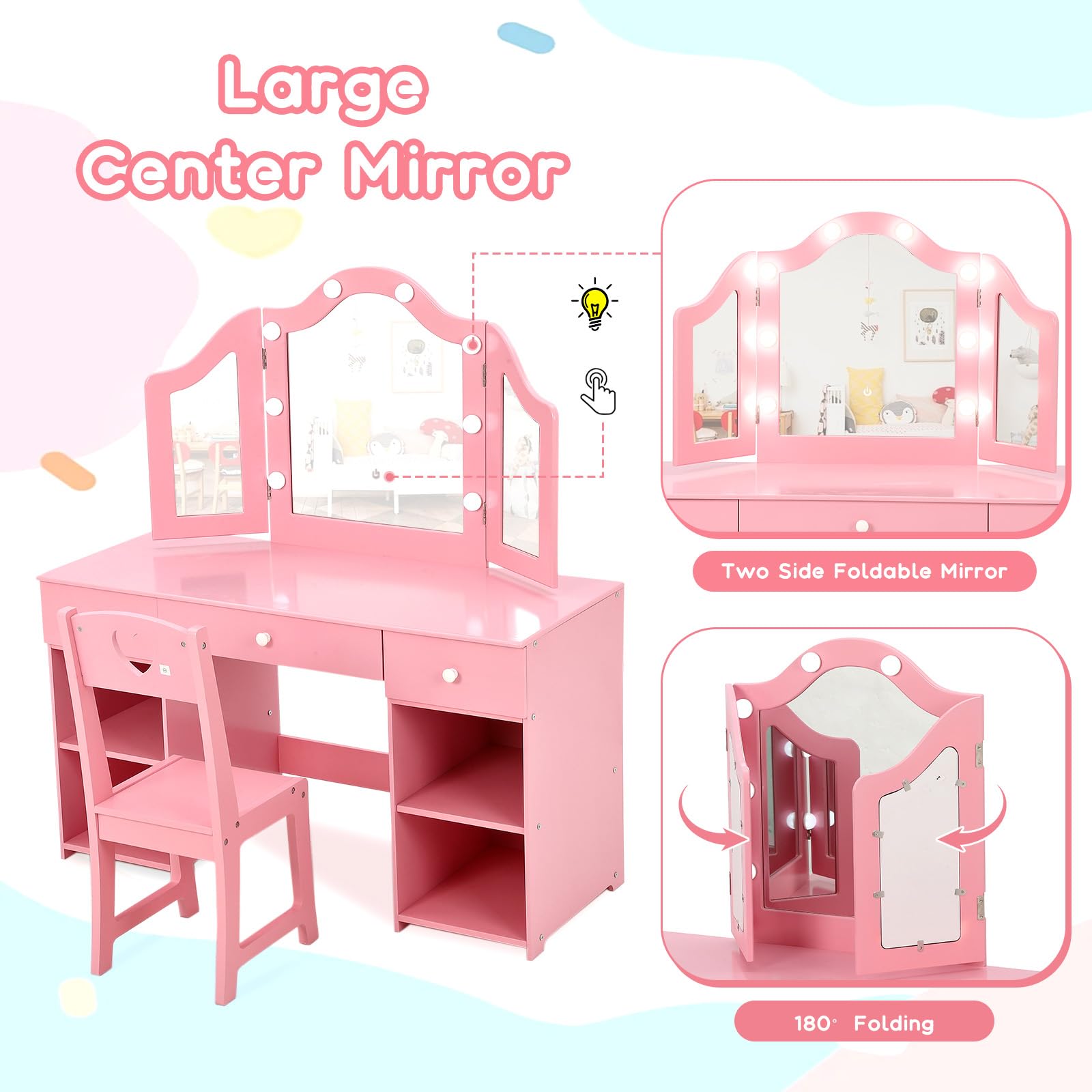 Kids Vanity with Lights & Storage - Princess Makeup Vanity Desk with Touch Light, Detachable Tri-Folding Mirror & Chair Set | 2-in-1 Wooden Toddler Vanity Table for Girls | Perfect for Bedroom Decor, Birthday Gifts & Pretend Play