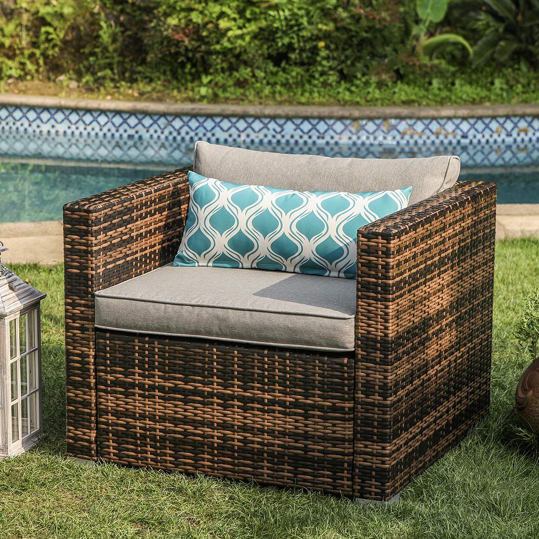 All-Weather Mottlewood Brown Wicker Patio Chair with Thick Gray Cushions & Teal Pattern Pillow - Durable Outdoor Furniture for Garden, Poolside, and Deck Relaxation