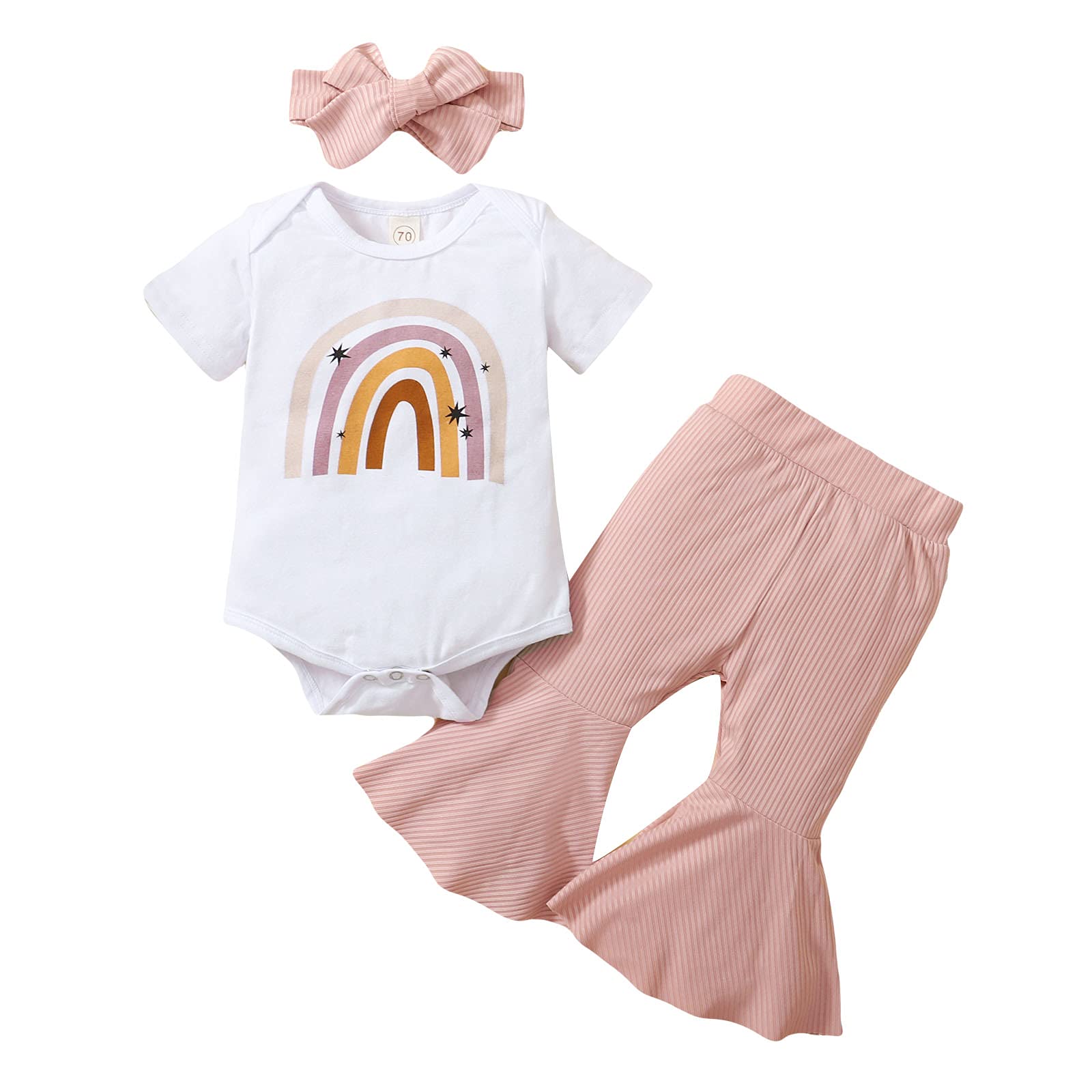 Adorable Newborn Baby Girl Clothes Set - Rainbow Ruffle Sleeve Romper & Flare Pants Outfit (3-Piece) | Perfect for Summer Photoshoots, Birthday Parties & Casual Playtime