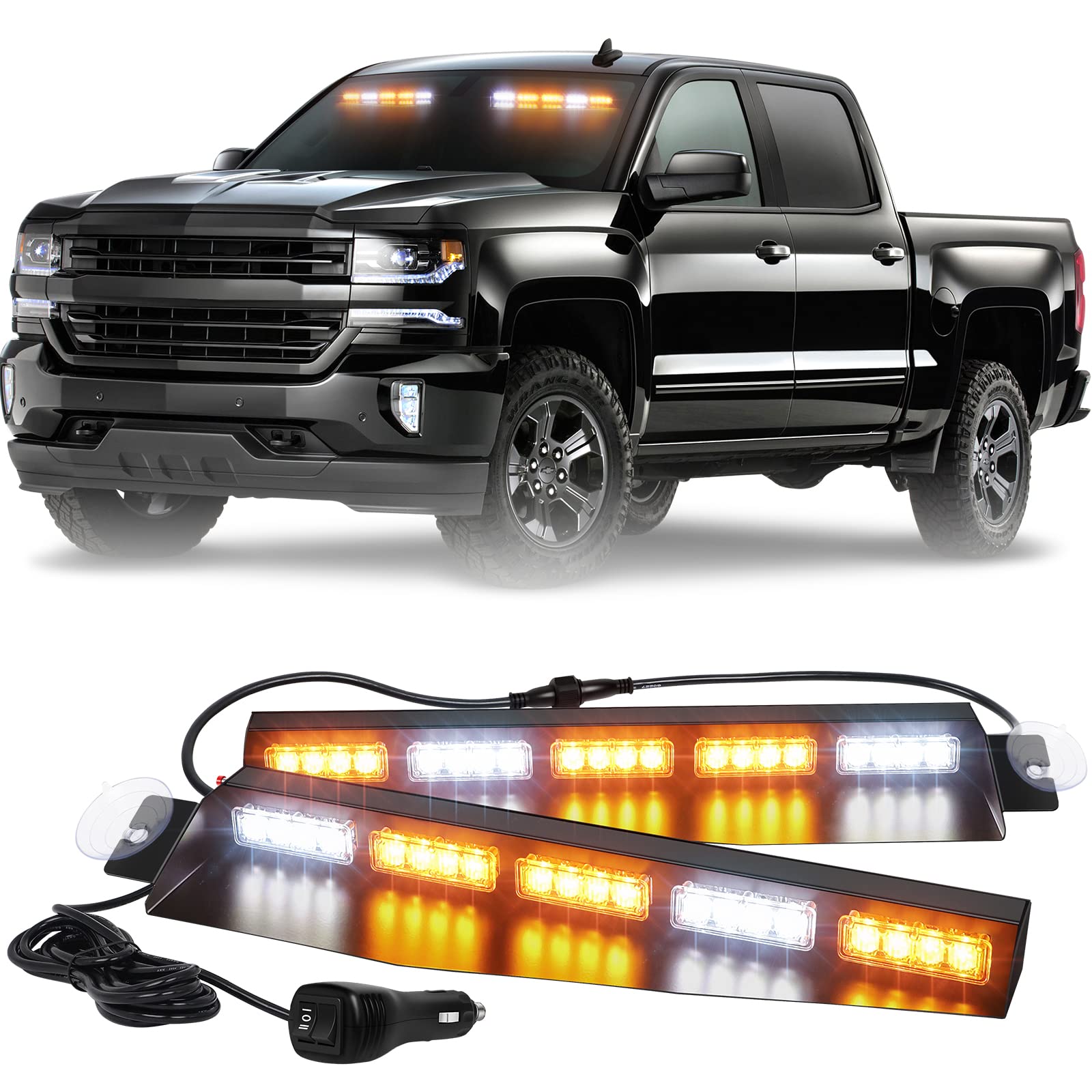 XRIDONSEN 34 Inch LED Emergency Strobe Visor Light Bar - 40 Amber & White Warning Flashing Lights for Trucks, Construction Vehicles - Interior Front Windshield Safety Hazard Lights with Take Down & Deck Split Feature - Ideal for Roadside Emergencies, Construction Zones, and Vehicle Safety Alerts