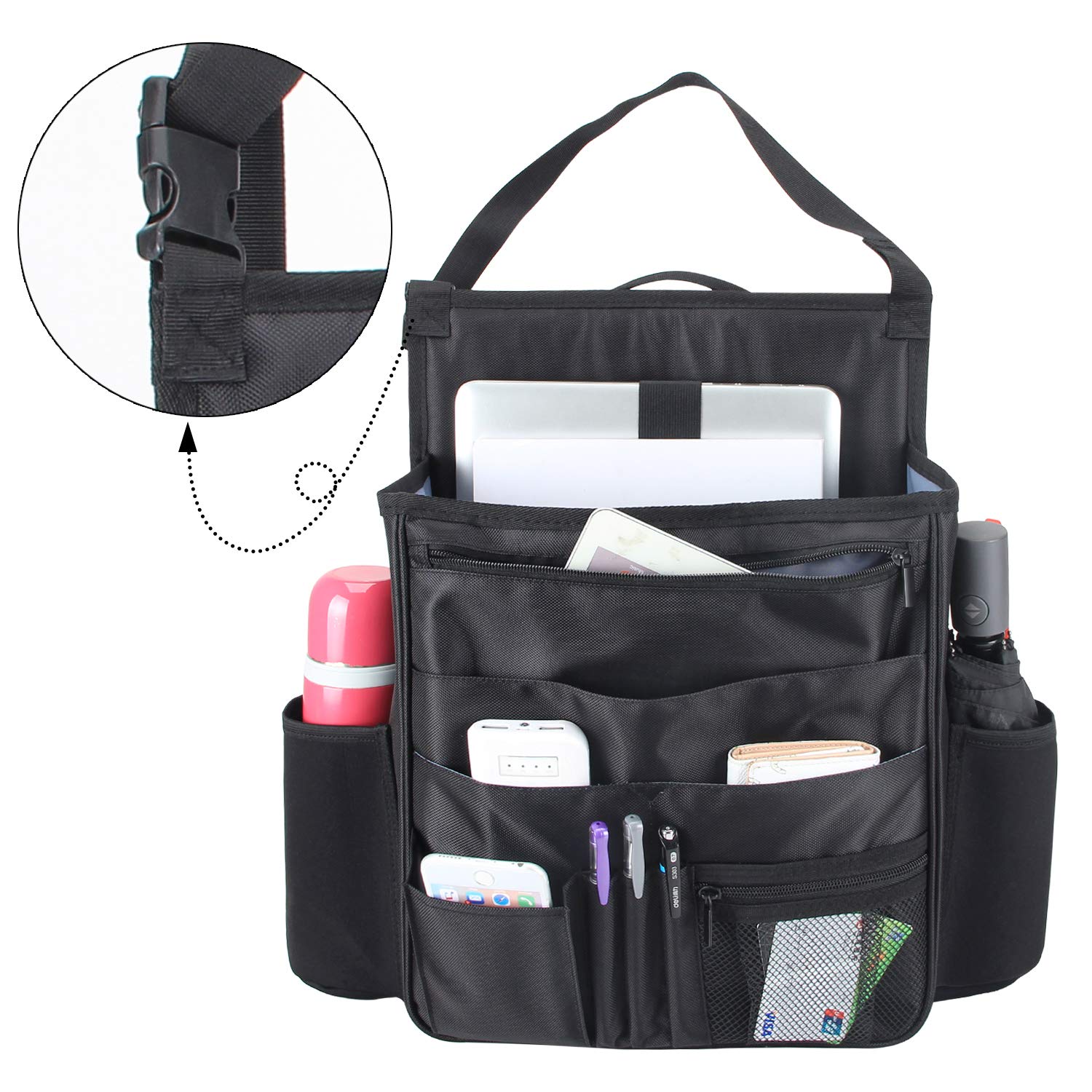 LUXJA Premium Car Front Seat Organizer with Laptop & Tablet Storage Pockets - Adjustable Back Straps for Secure Fit - Black - Perfect for Road Trips, Commuting & Work Travel Accessories