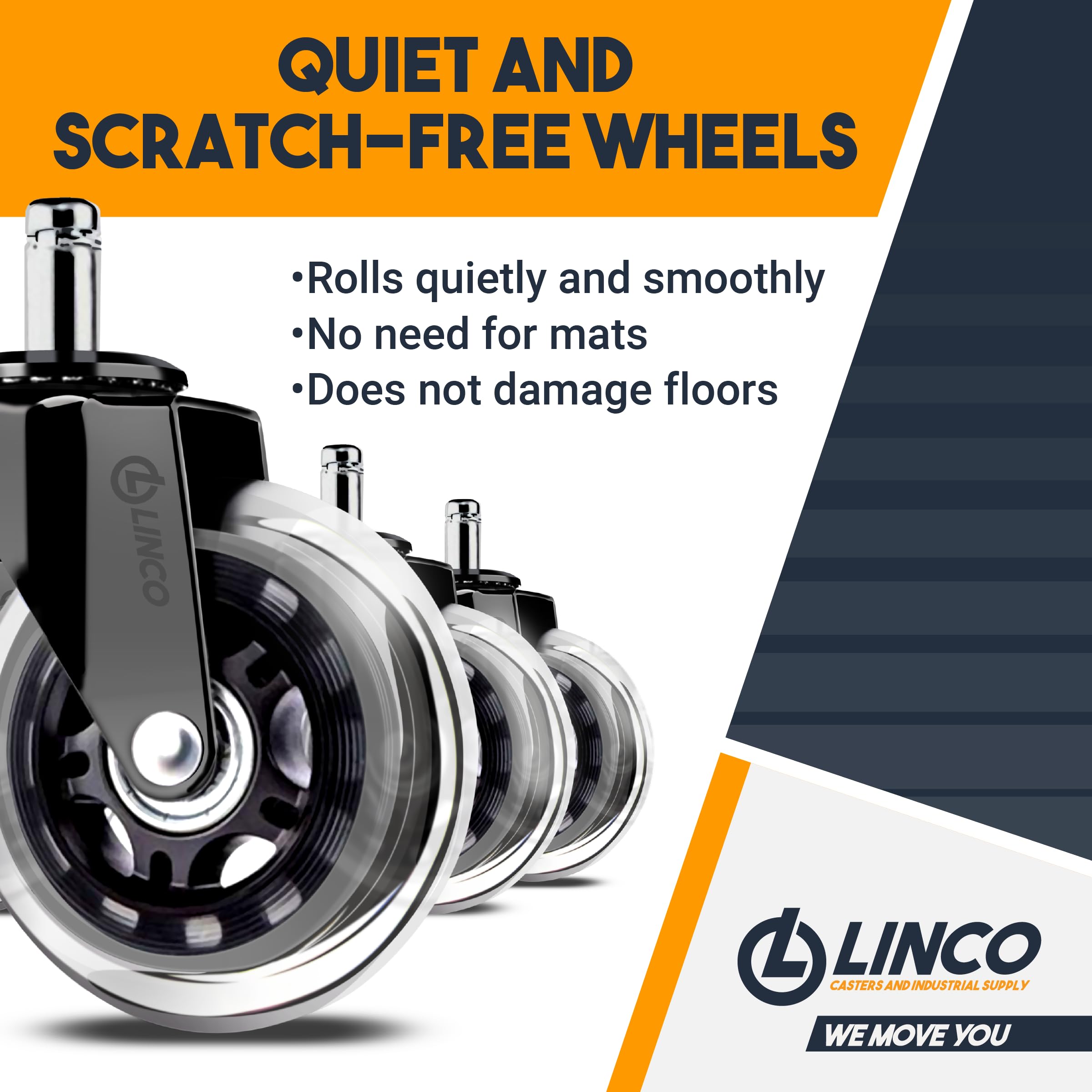 LINCO 3” Rollerblade Office Chair Wheels - Set of 5 Heavy Duty Replacement Casters for Office & Gaming Chairs - 600 lbs Capacity - Smooth Rolling on Hardwood Floors & Carpets